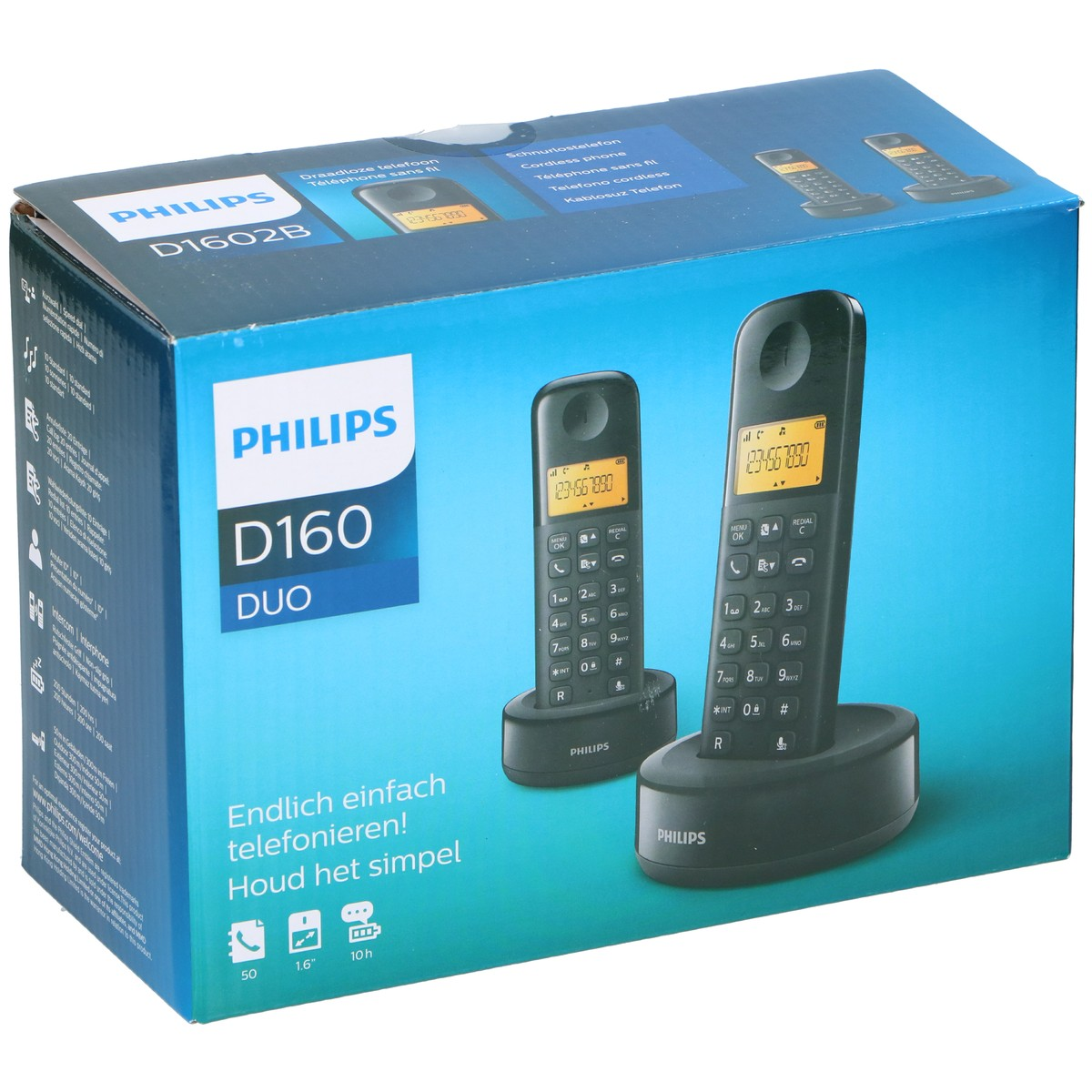Box of a Philips D160 Duo cordless phone, showing two black handsets on charging bases.