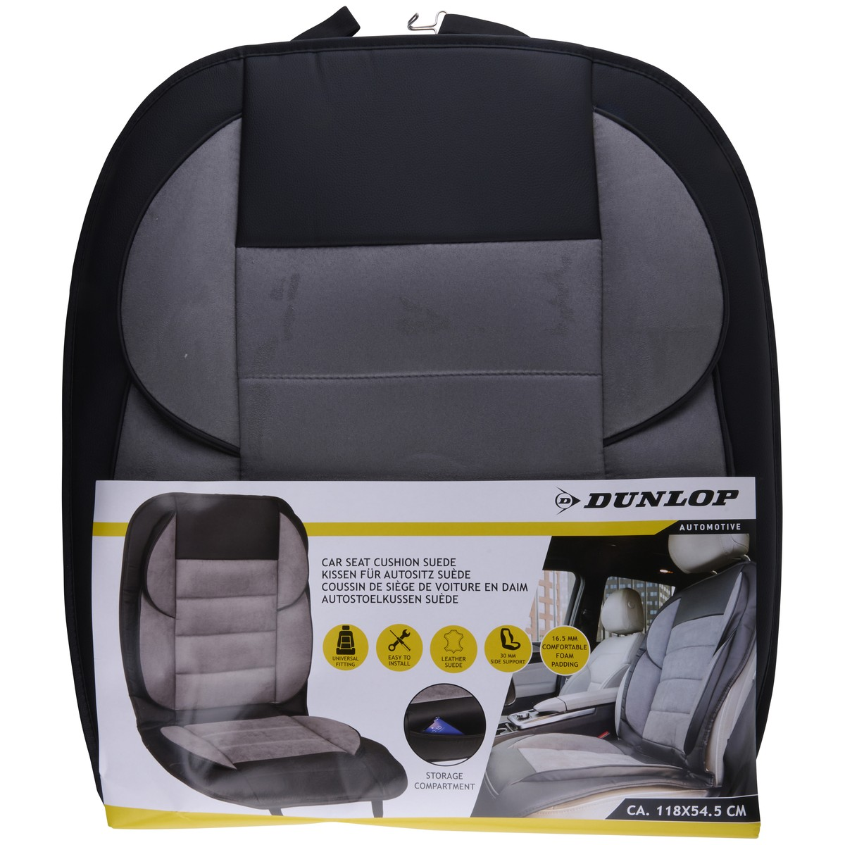 Gray and black car seat cushion with product info and images.