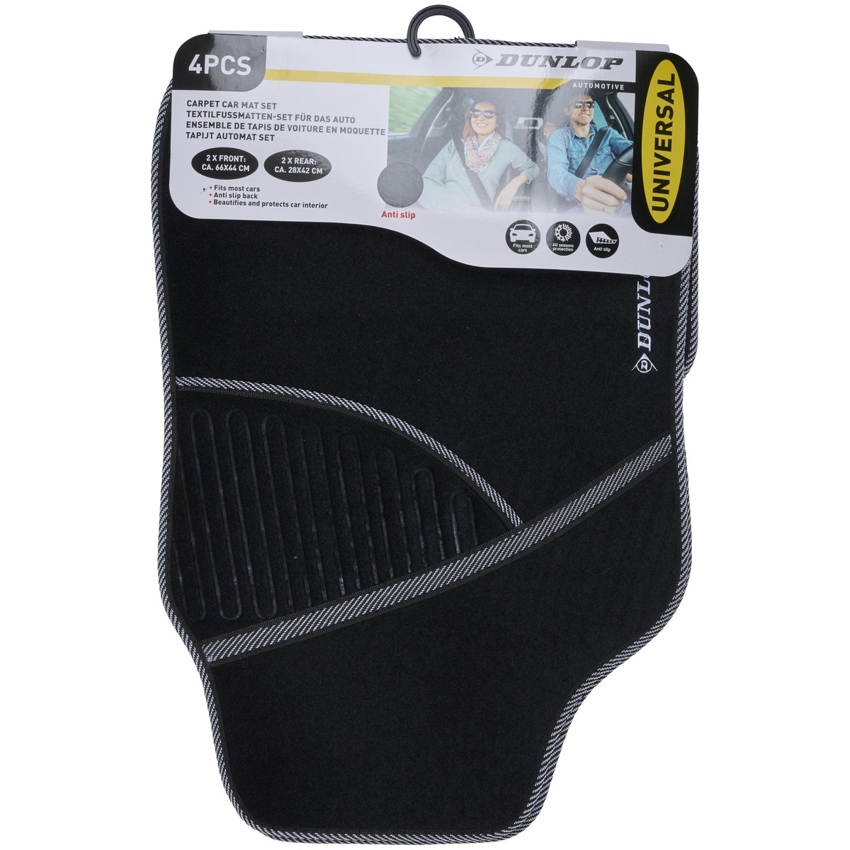 Zwarte Dunlop 4-delige automatten set met anti-slip achterkant.