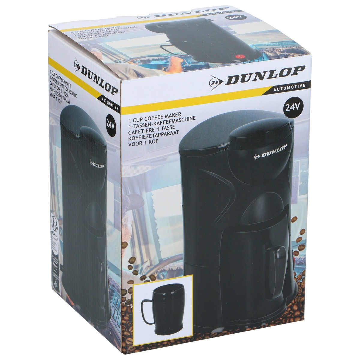 Black 1-cup Dunlop coffee maker on a box with coffee beans and mug image.
