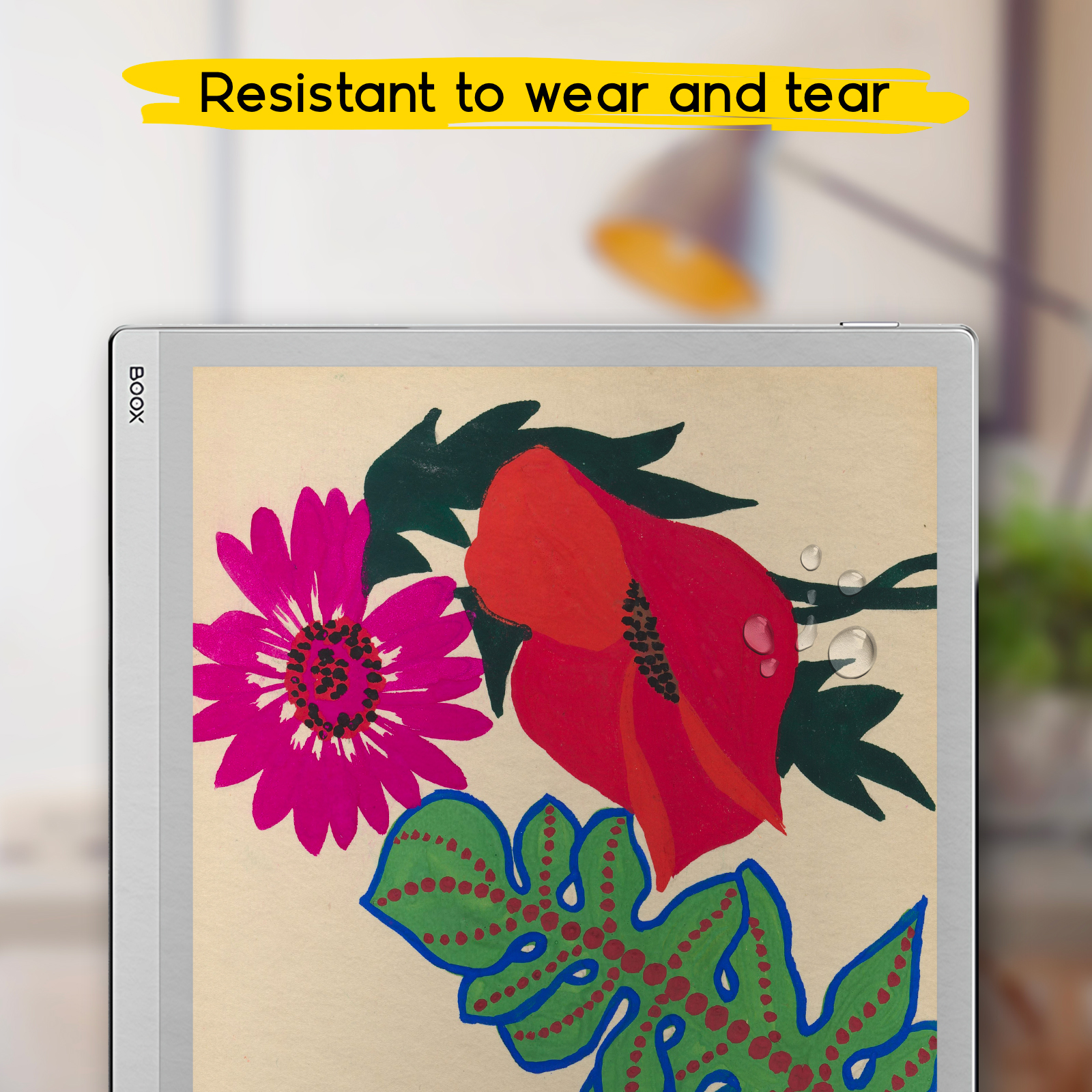 Un e-reader mostra un disegno floreale astratto con gocce d'acqua.