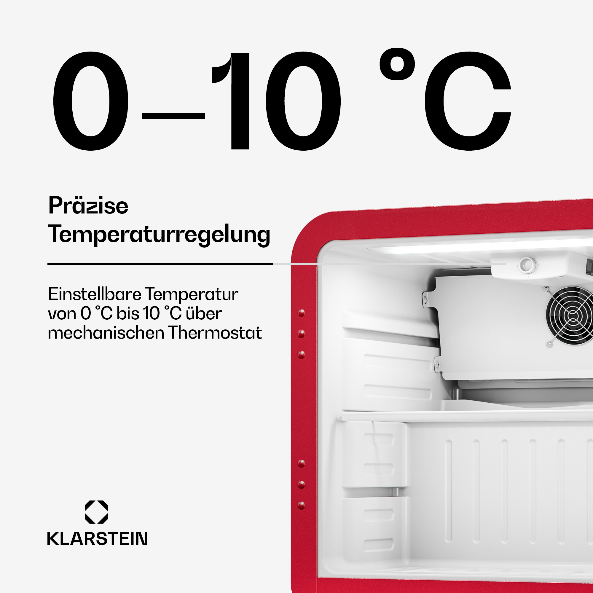 Interno mini-frigo rosso con ventola e cassetti. Intervallo temp 0-10°C.