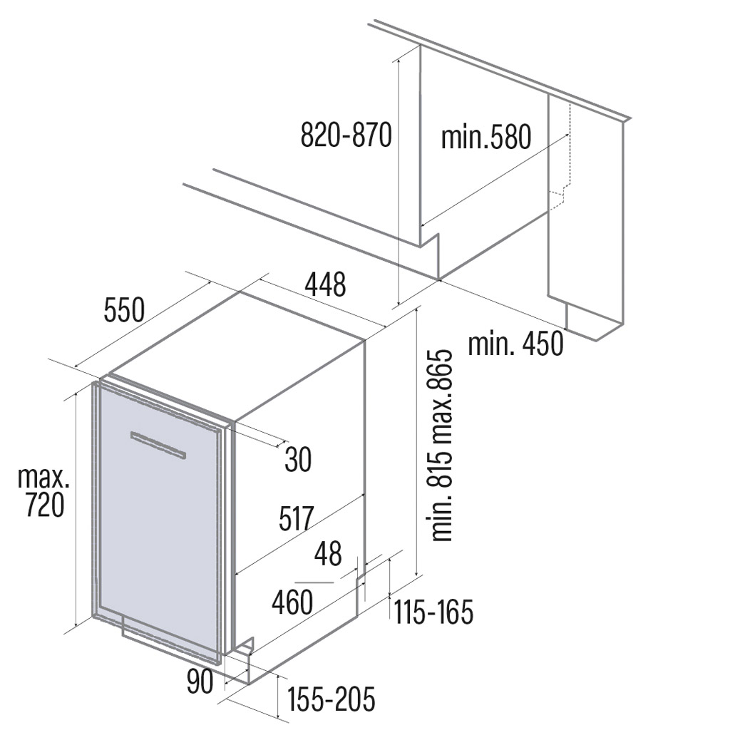 Dibujo técnico de un lavavajillas con dimensiones en mm.