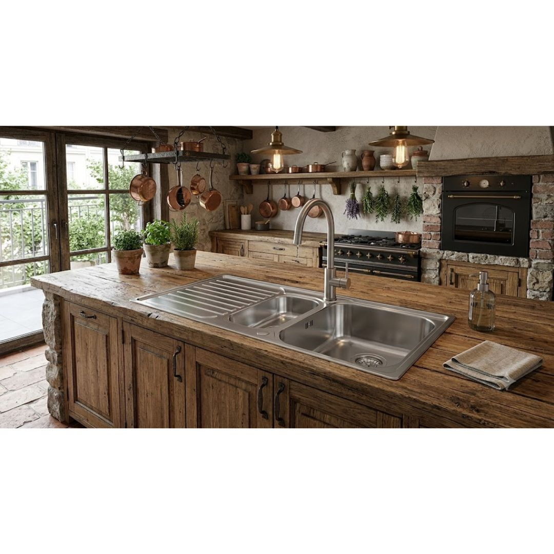 Una cucina rustica con doppio lavello, piano di lavoro in legno, pentole di rame e fornelli.