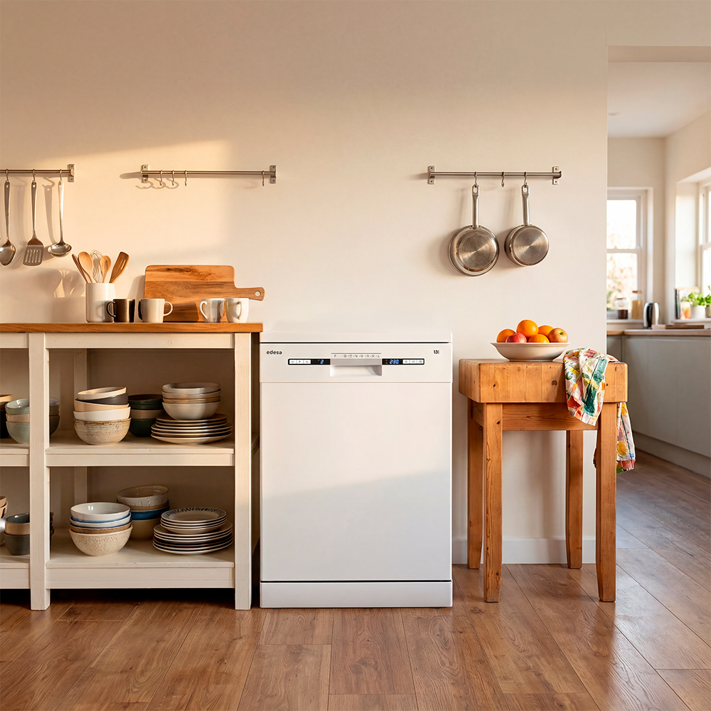 Un lavavajillas blanco está en una cocina junto a una mesa de madera con fruta.