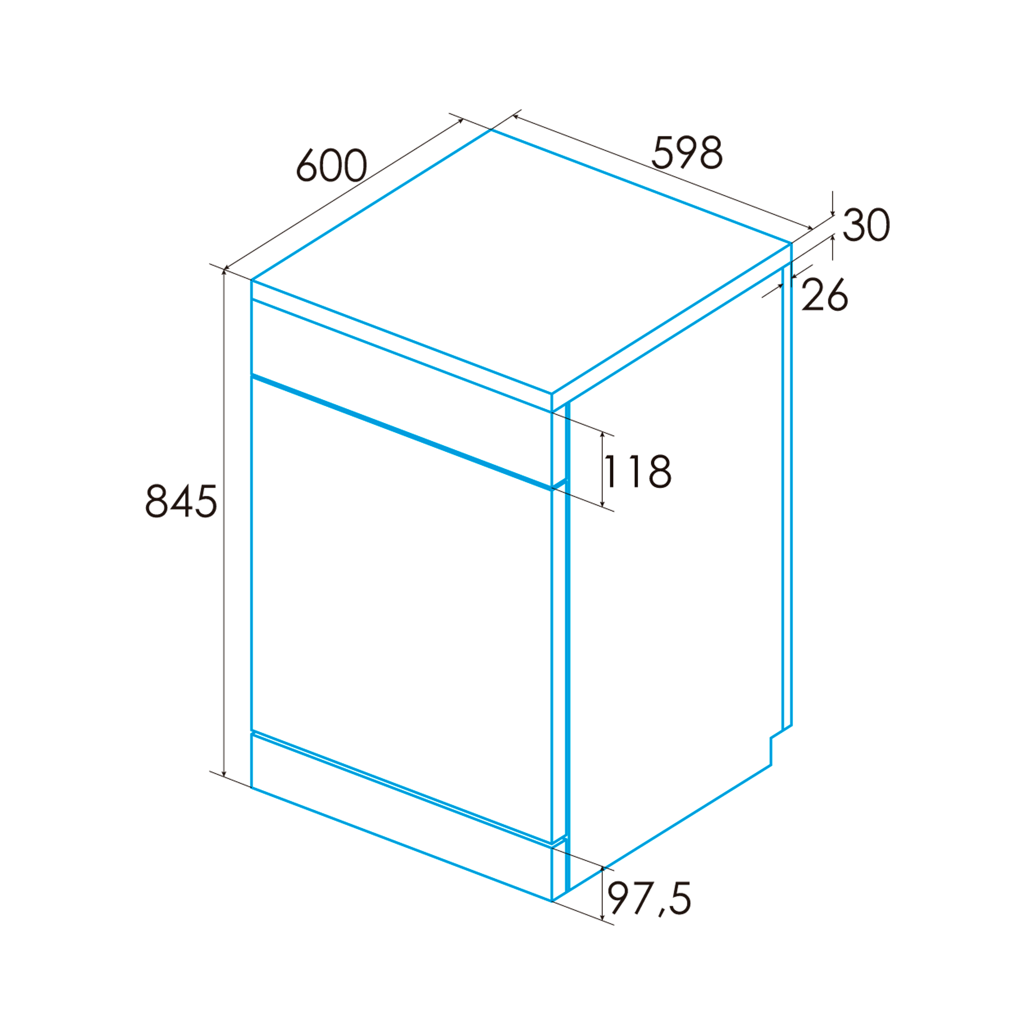 Dibujo técnico de un lavavajillas con dimensiones.