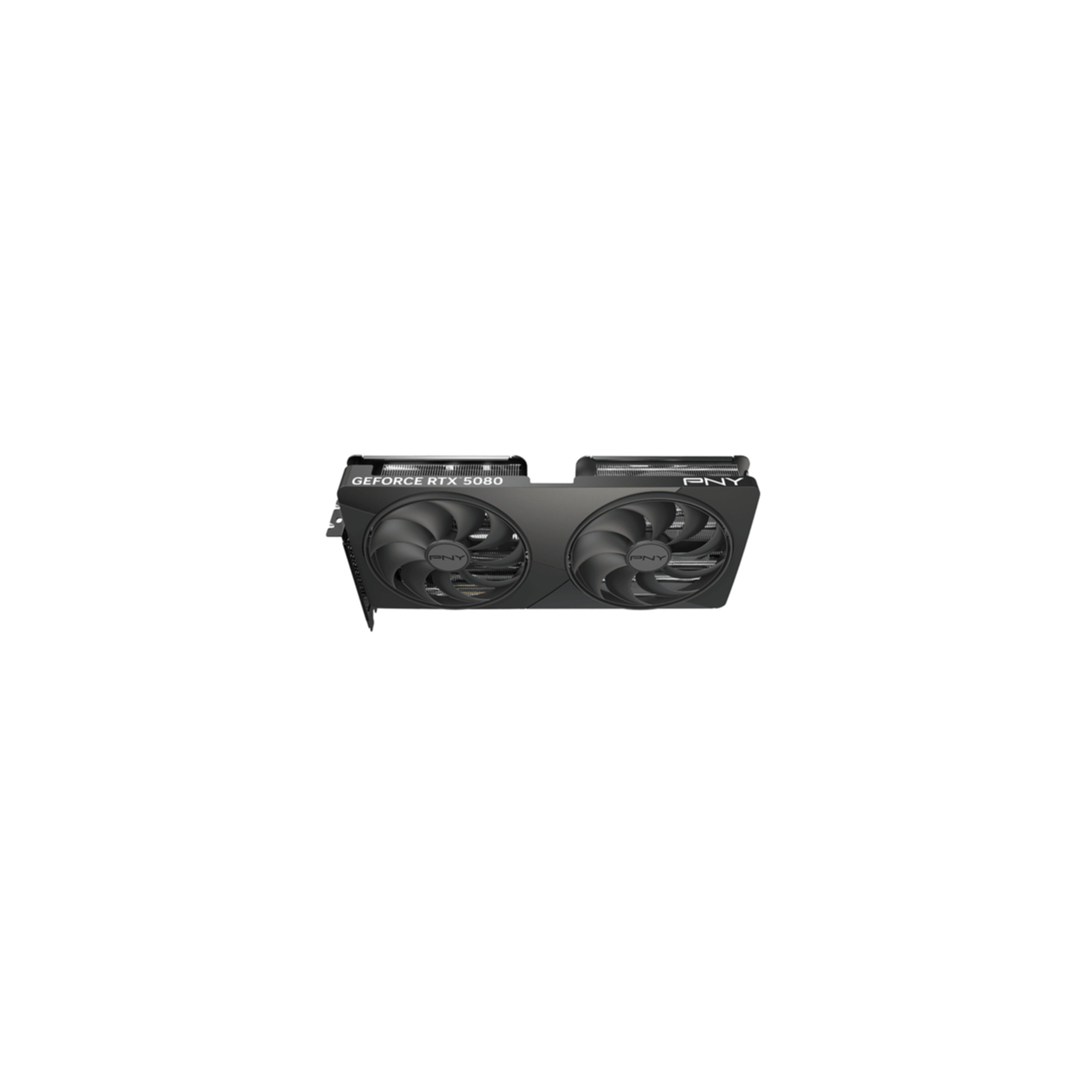 Scheda grafica nera con due ventole, etichettata PNY GeForce RTX 5080.