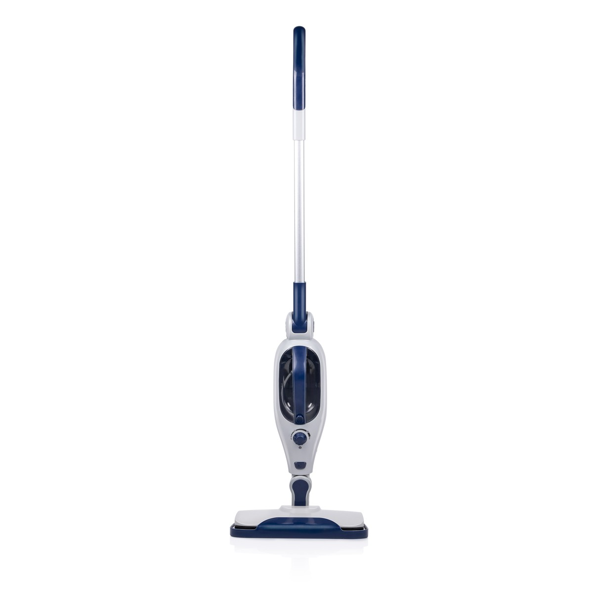 A blue and white steam mop with a silver handle stands on a white background.