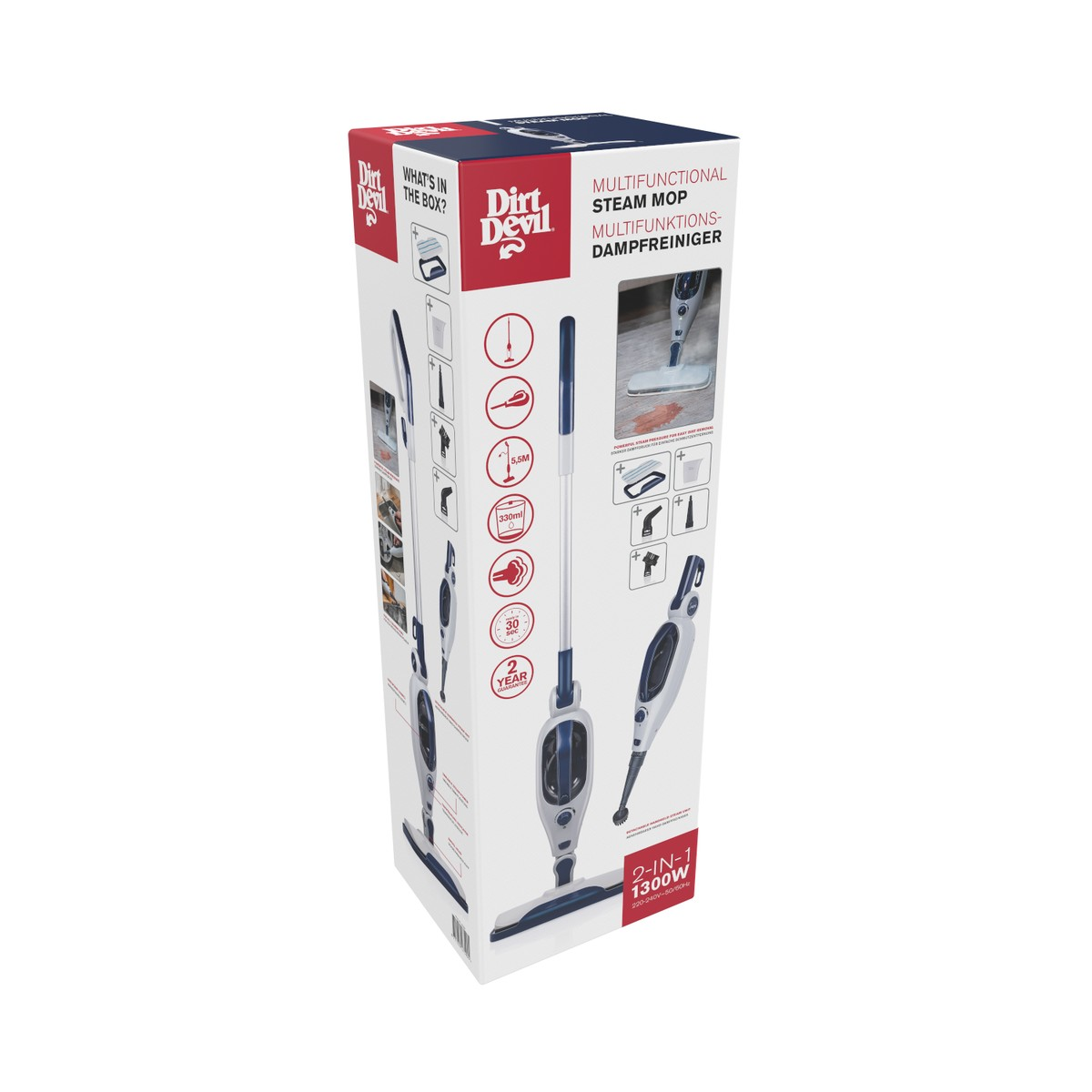 Packaging of a multifunctional steam mop with accessories.