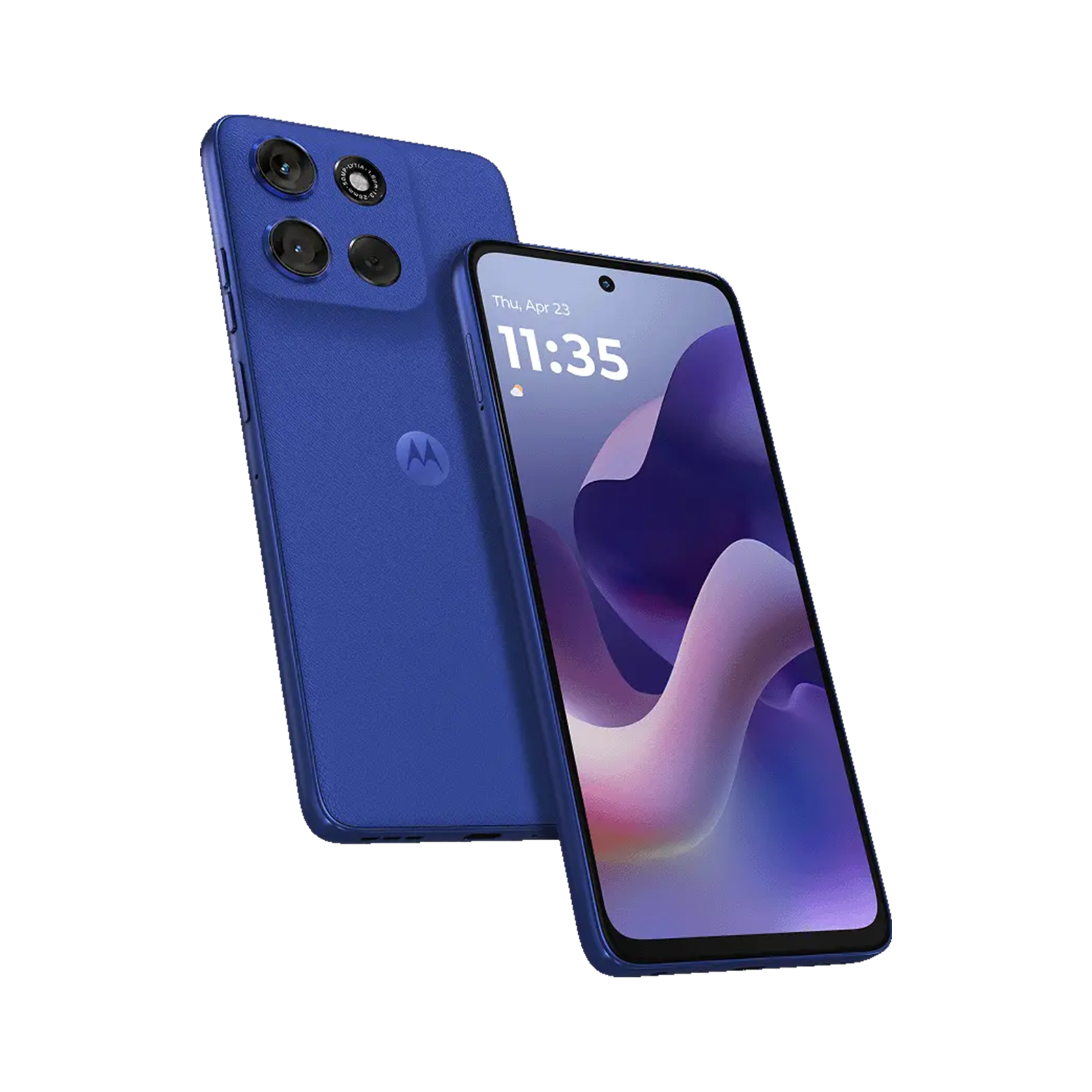 Ein blaues Motorola-Smartphone wird von hinten und vorne gezeigt. Der Bildschirm zeigt 11:35 Uhr.