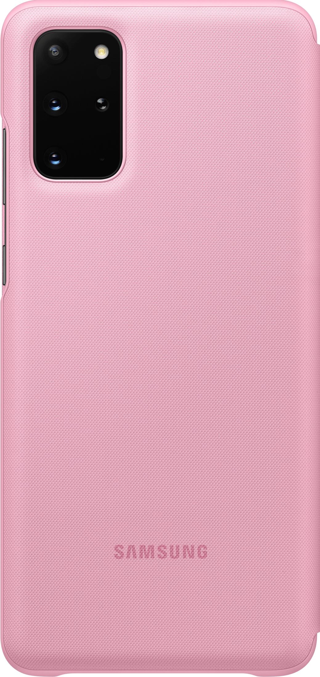 Ein rosafarbener Handyhülle mit einem Kameramodul und einem Samsung-Logo.