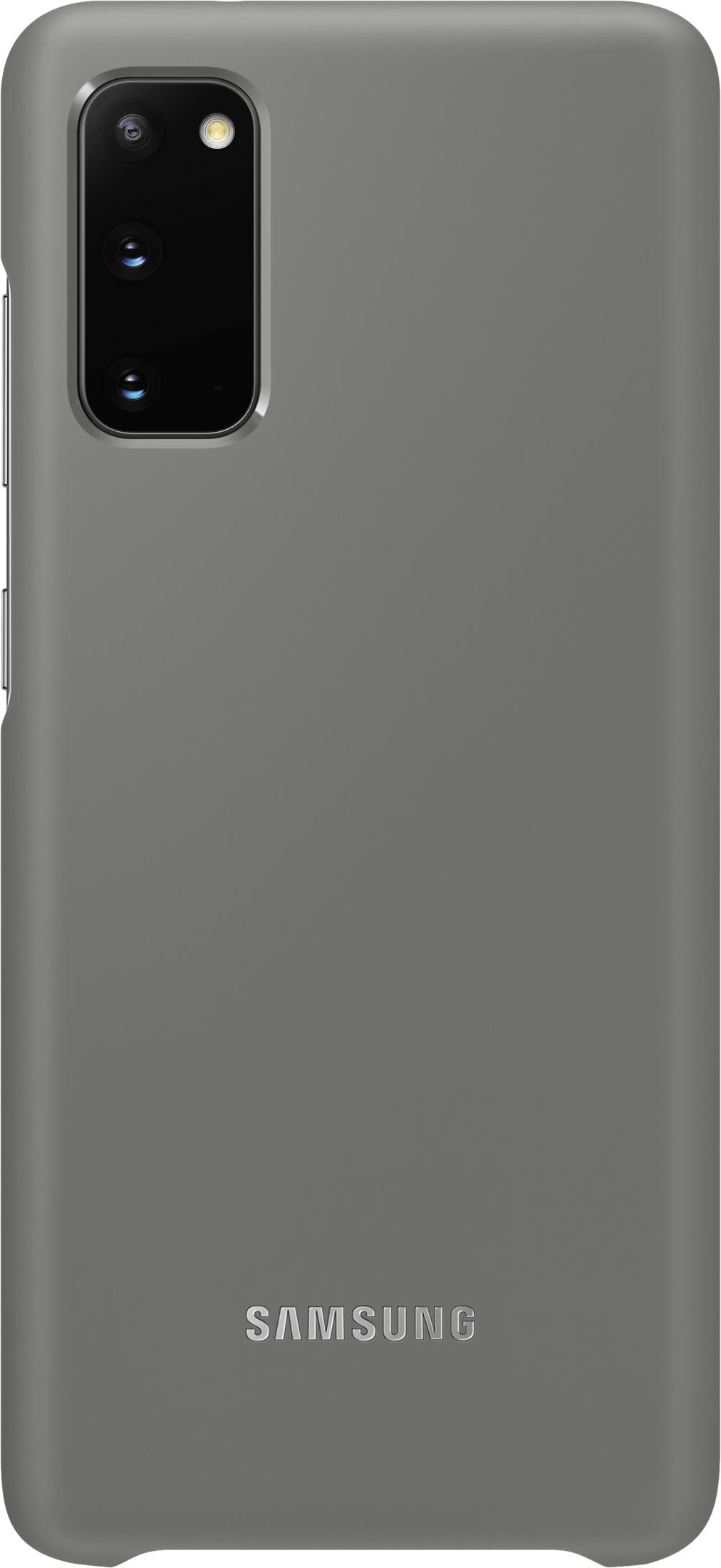 Custodia grigia per telefono con modulo fotocamera e logo Samsung.