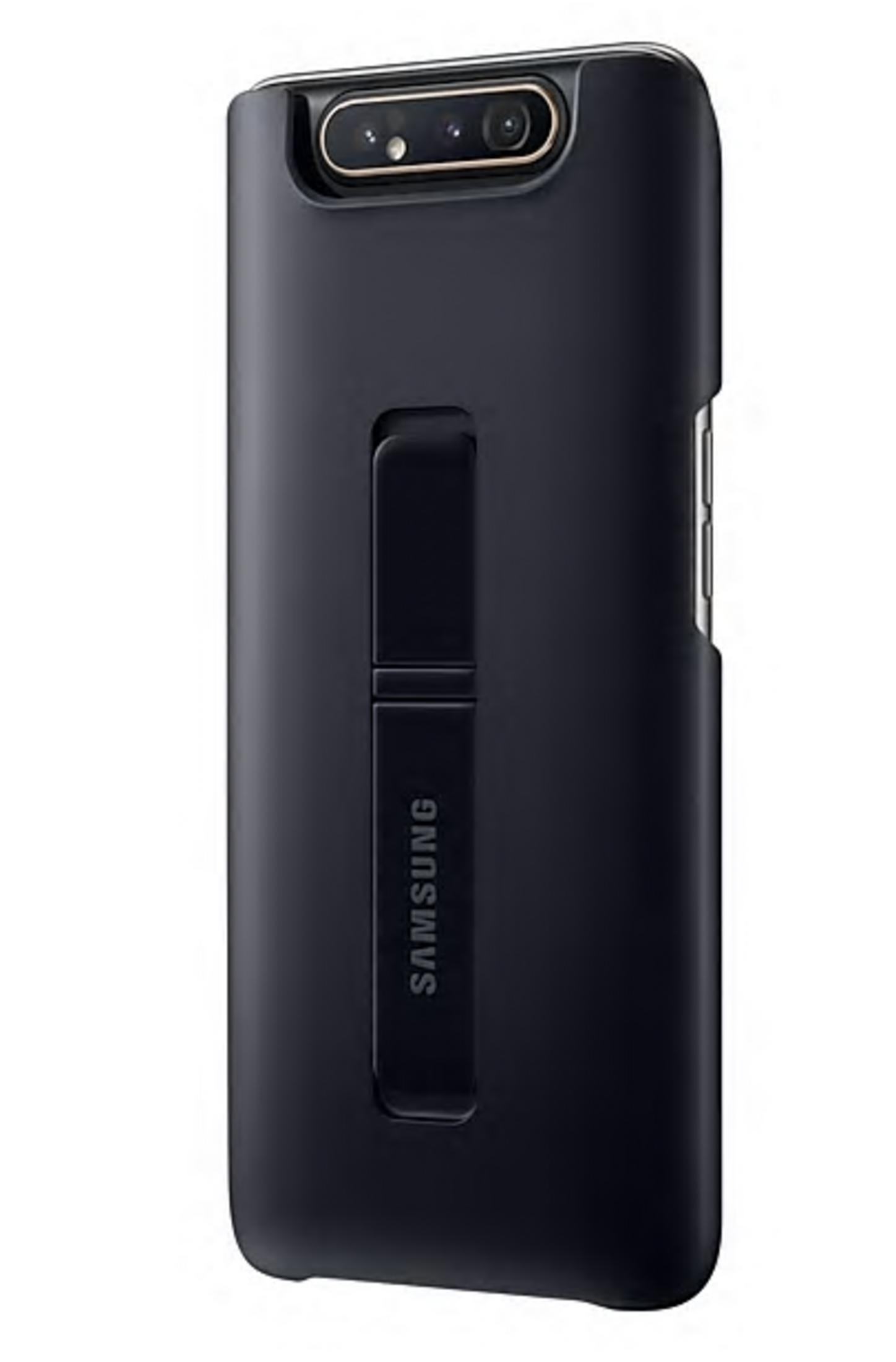 Telefono nero con fotocamera e logo Samsung sul retro, con supporto integrato.
