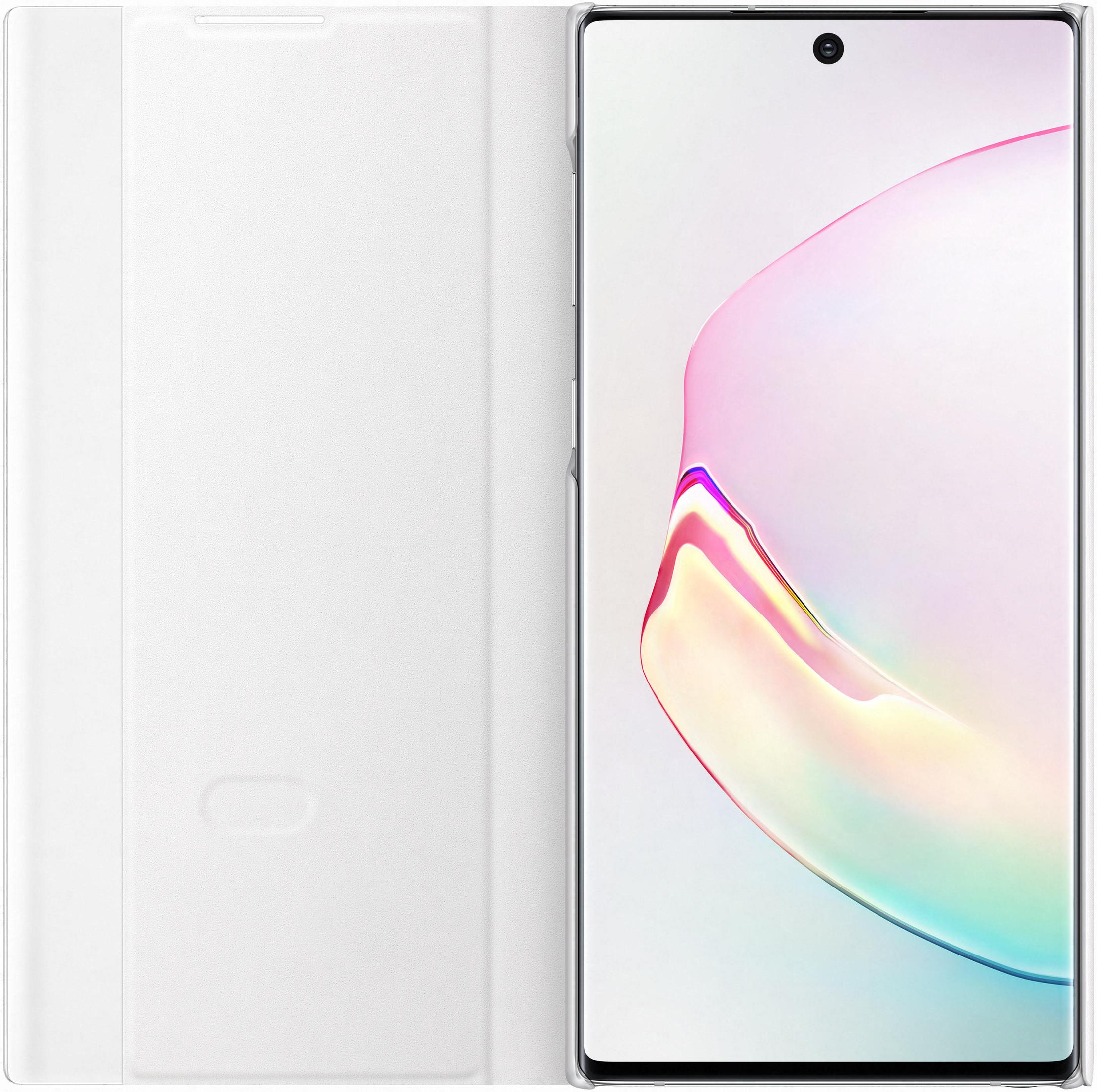 Uno smartphone bianco con una custodia aperta a sinistra.