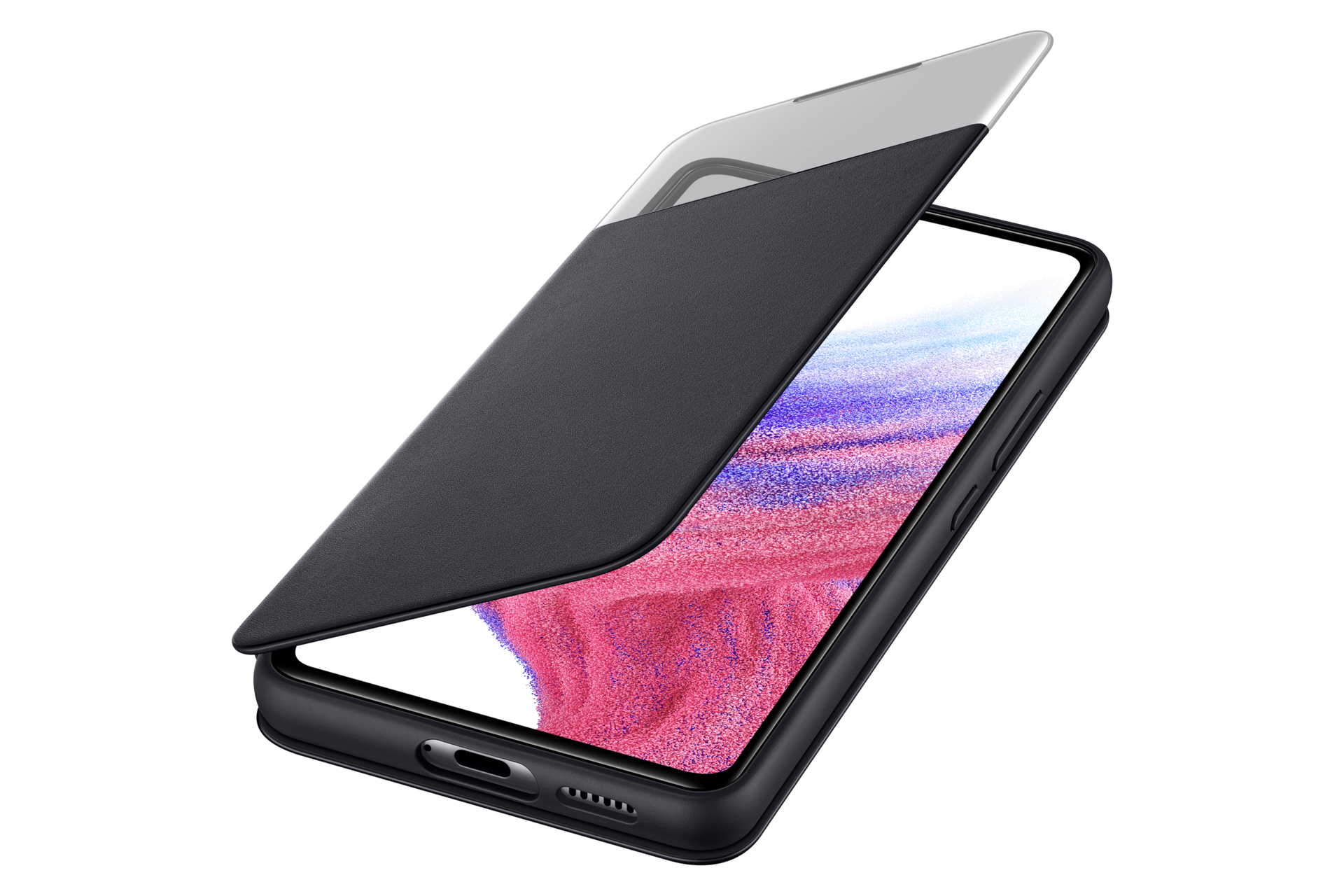 Ein schwarzes Smartphone mit offenem Buch-Cover, das einen Teil des Bildschirms zeigt.
