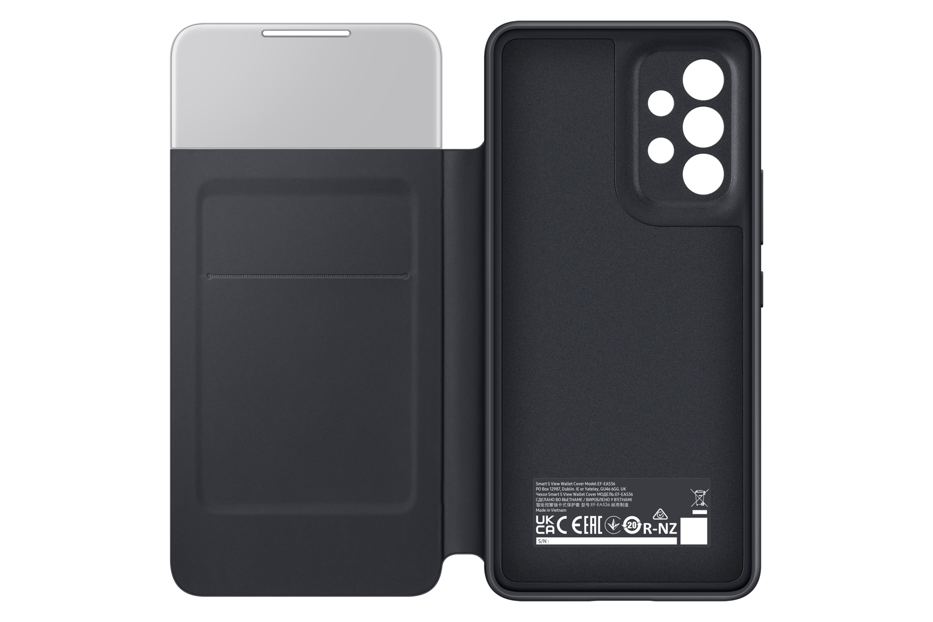 Ein dunkles Samsung Smart S View Wallet Cover, offen liegend mit Rückseite und Kameraaussparung.