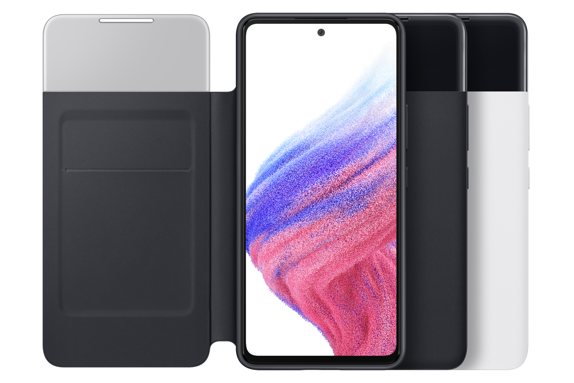 Eine dunkelblaue Handyhülle ist geöffnet und zeigt ein Smartphone mit buntem Bildschirm. Zwei weitere Handys sind dahinter.