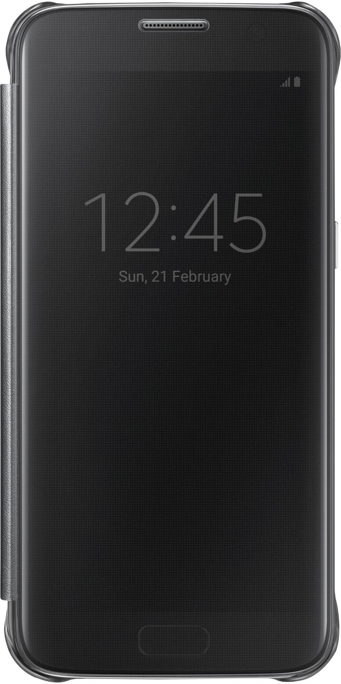 Ein schwarzes Smartphone mit einer durchsichtigen Hülle, die die Uhrzeit 12:45 Uhr anzeigt.