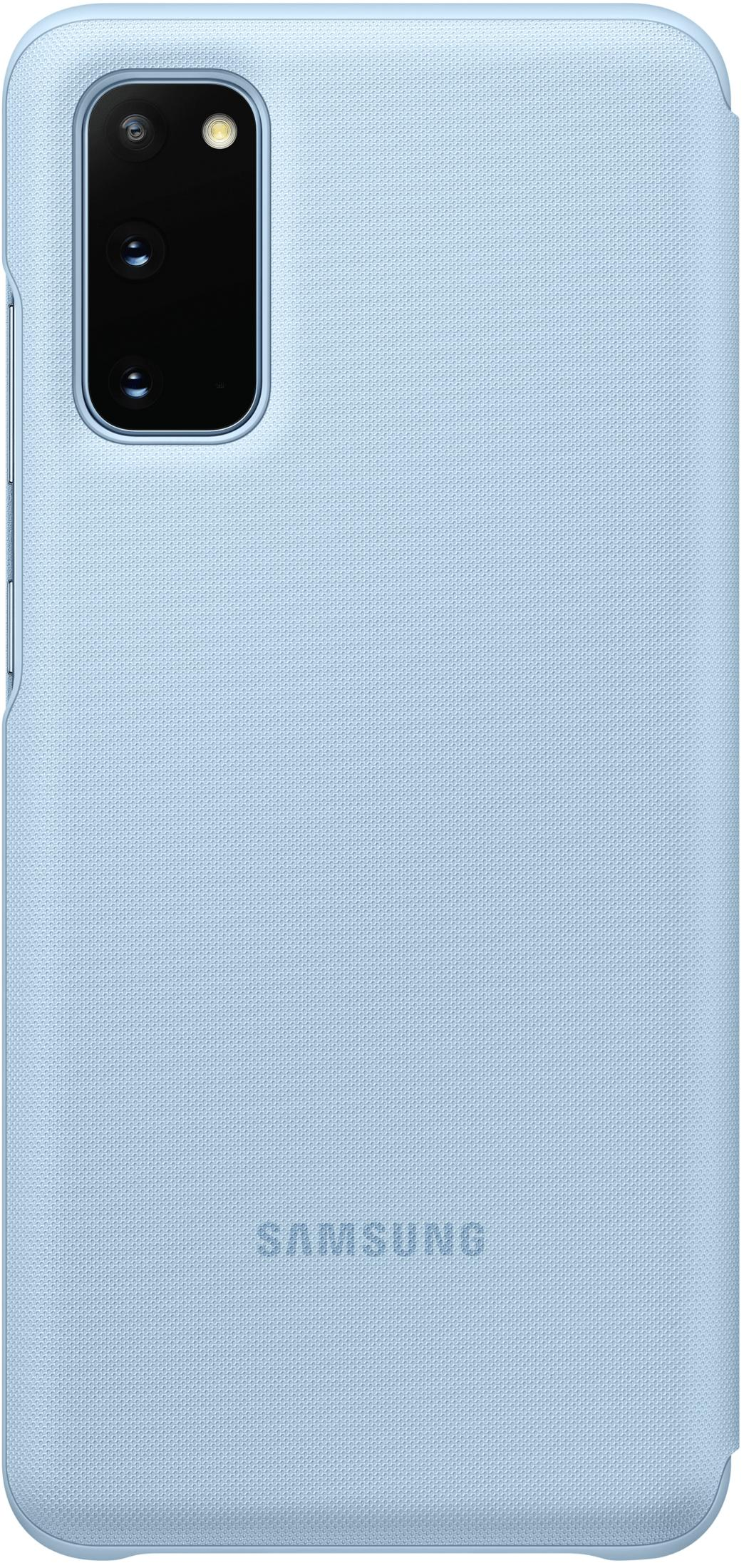 Custodia Samsung azzurra con ritaglio fotocamera e logo in rilievo.