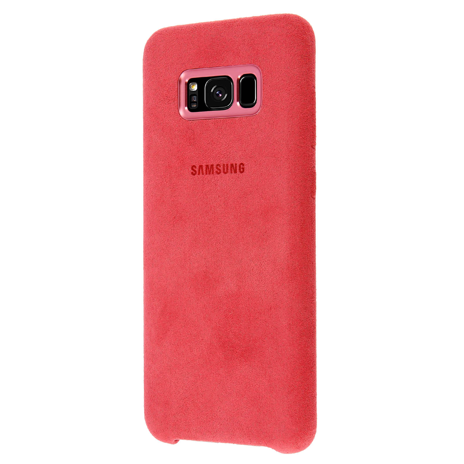 Custodia rossa per telefono con obiettivo e logo Samsung.
