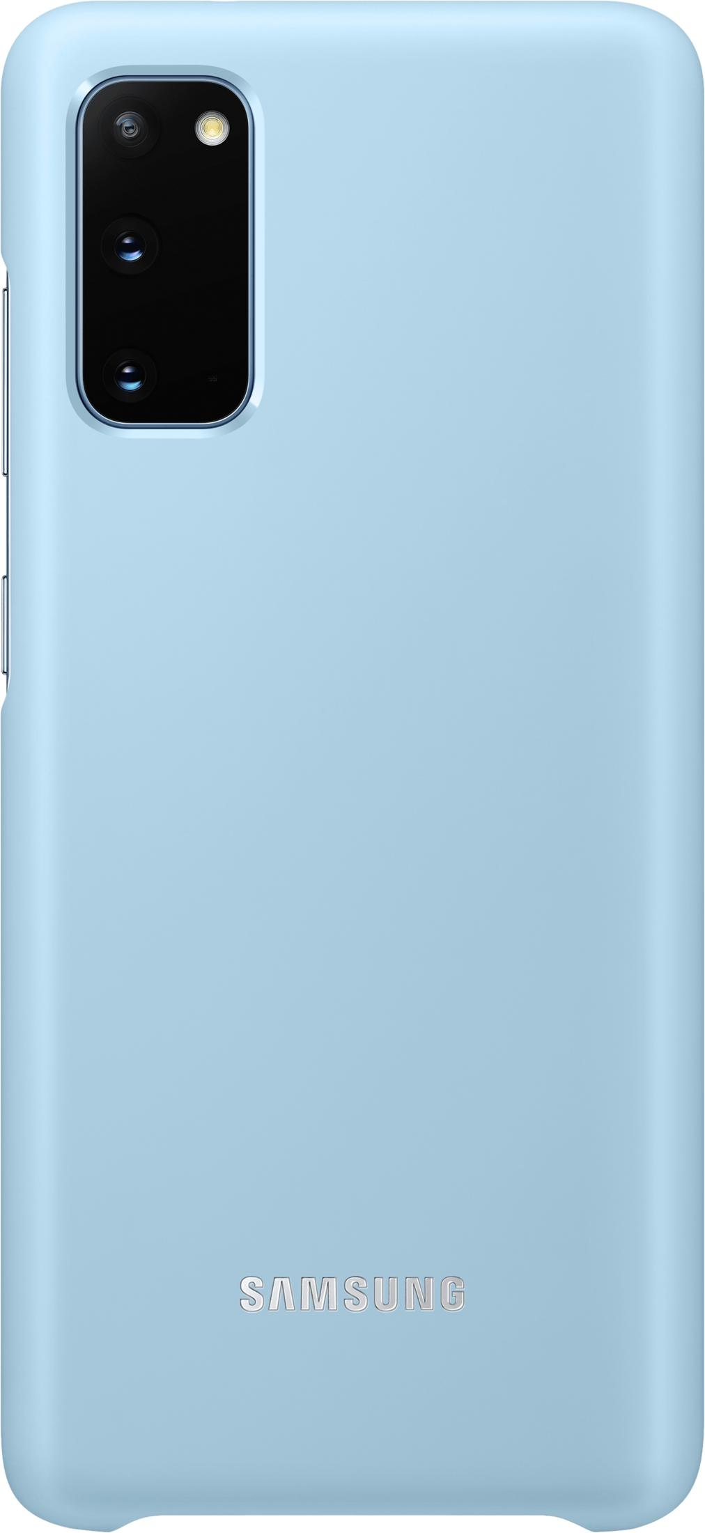 Custodia azzurra con modulo fotocamera e logo Samsung.