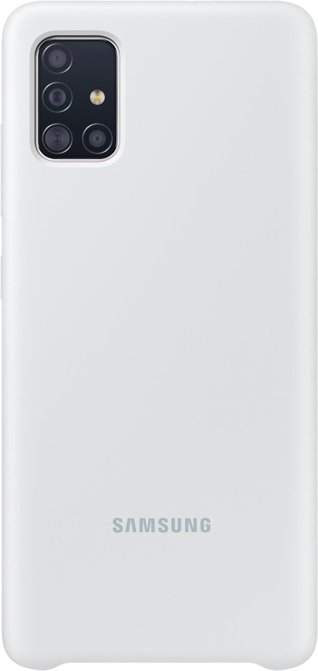 Weiße Handyhülle mit vierfacher Kamera und Samsung-Logo.