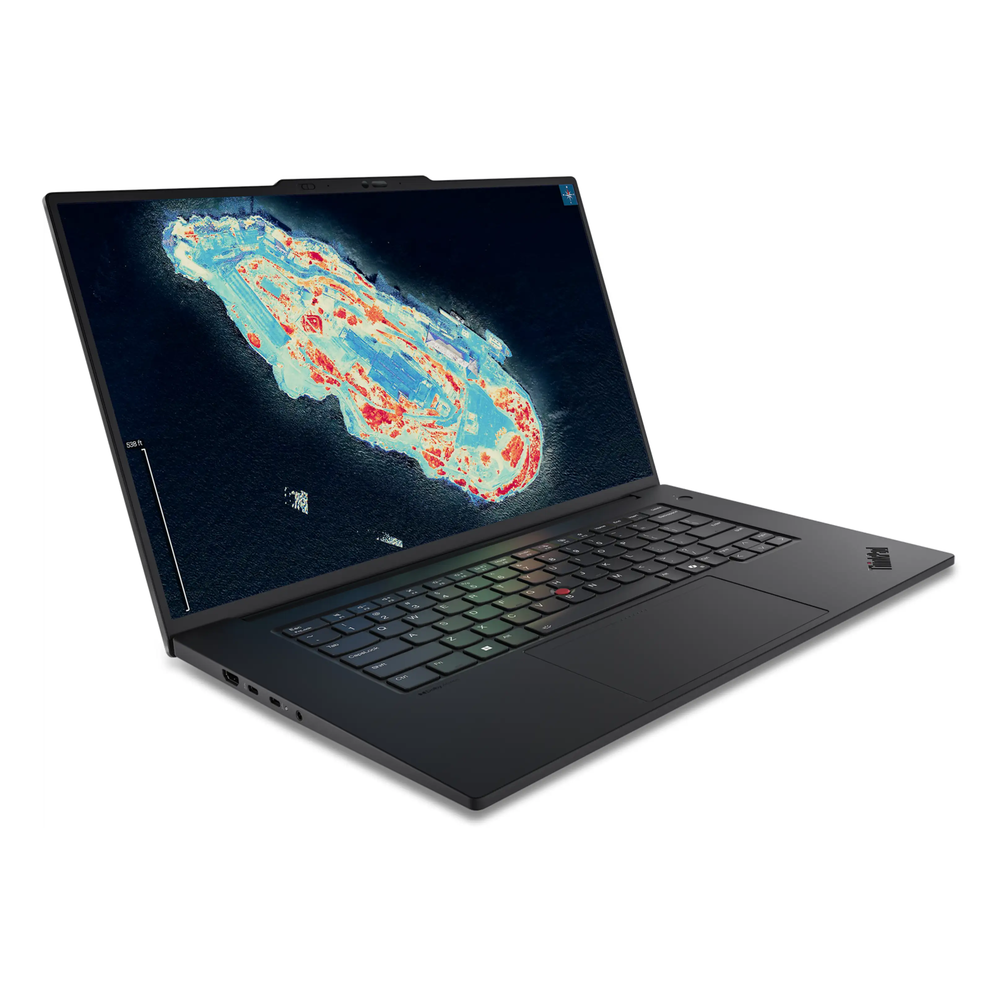 Laptop nero mostra immagine satellitare colorata di isola circondata da acqua.