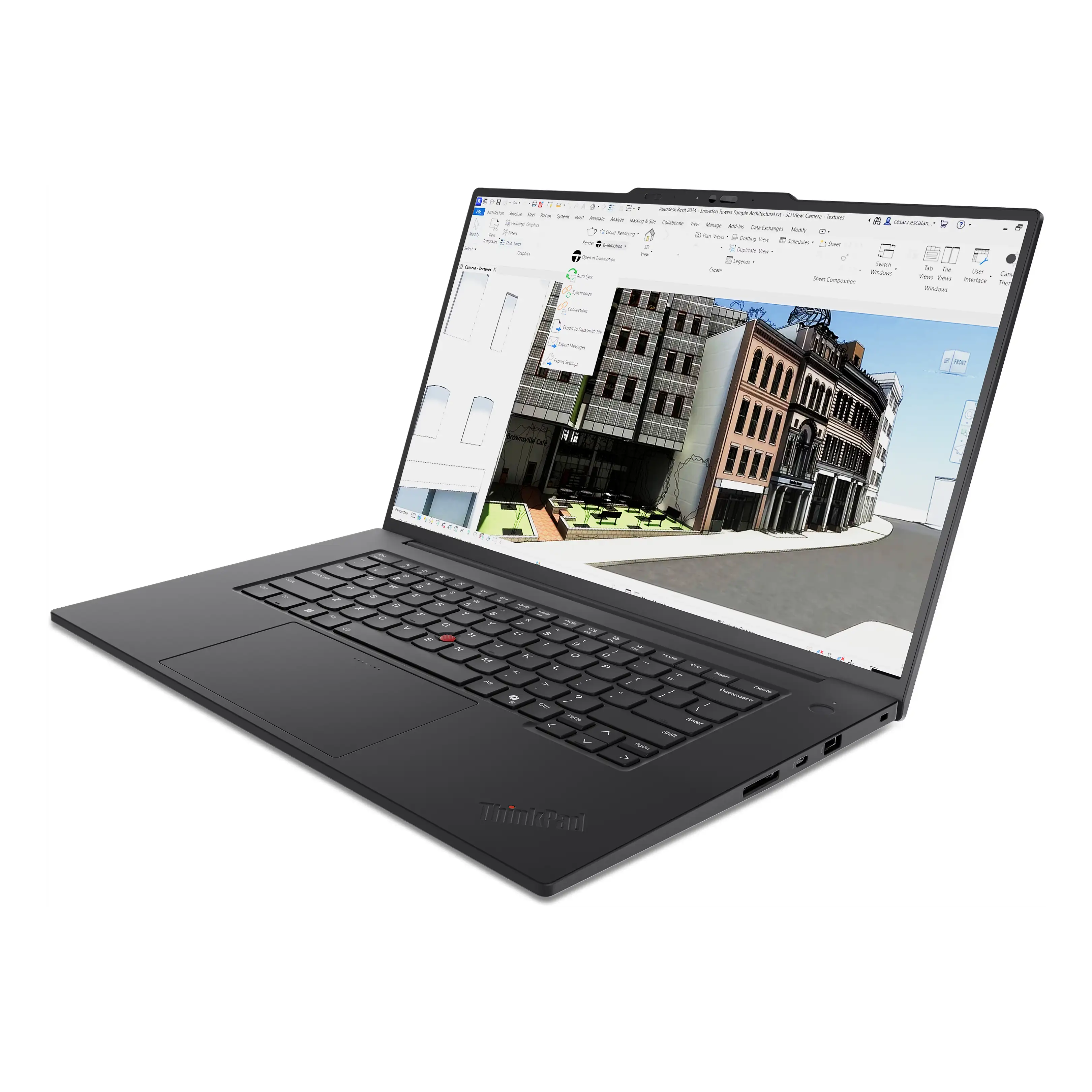 Un laptop nero mostra un modello architettonico 3D. Tastiera e touchpad visibili.