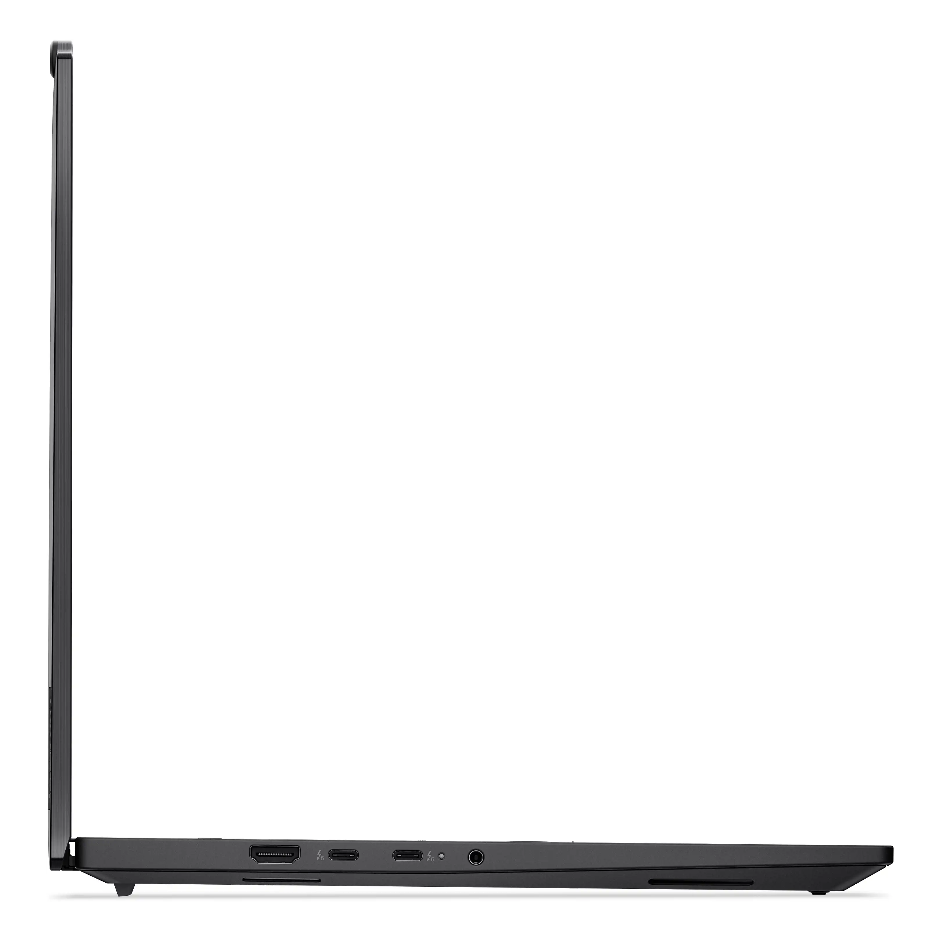 Vista laterale di un laptop nero che mostra porte come USB-C e HDMI.