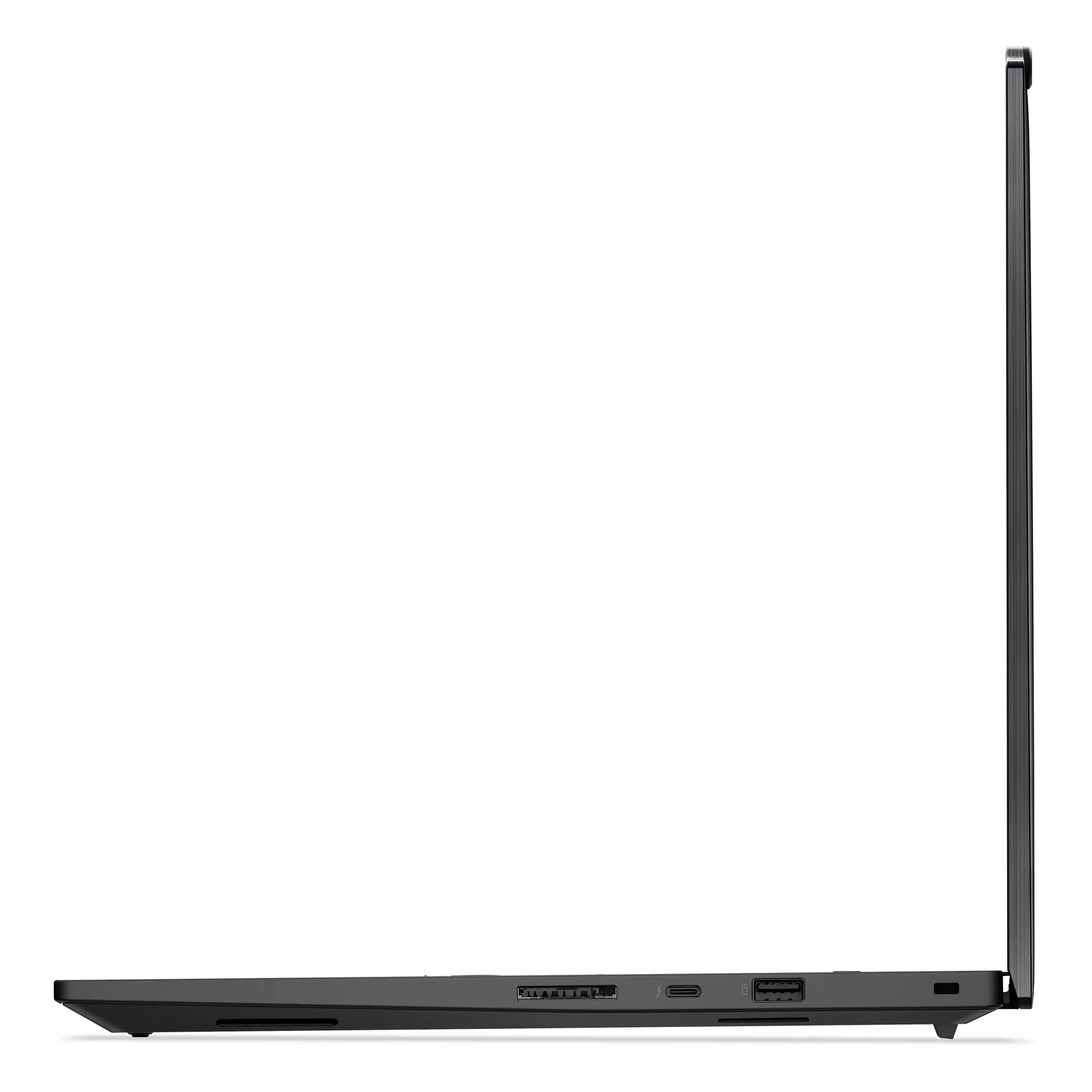 Laptop nero di profilo, con porte USB-C e USB-A.
