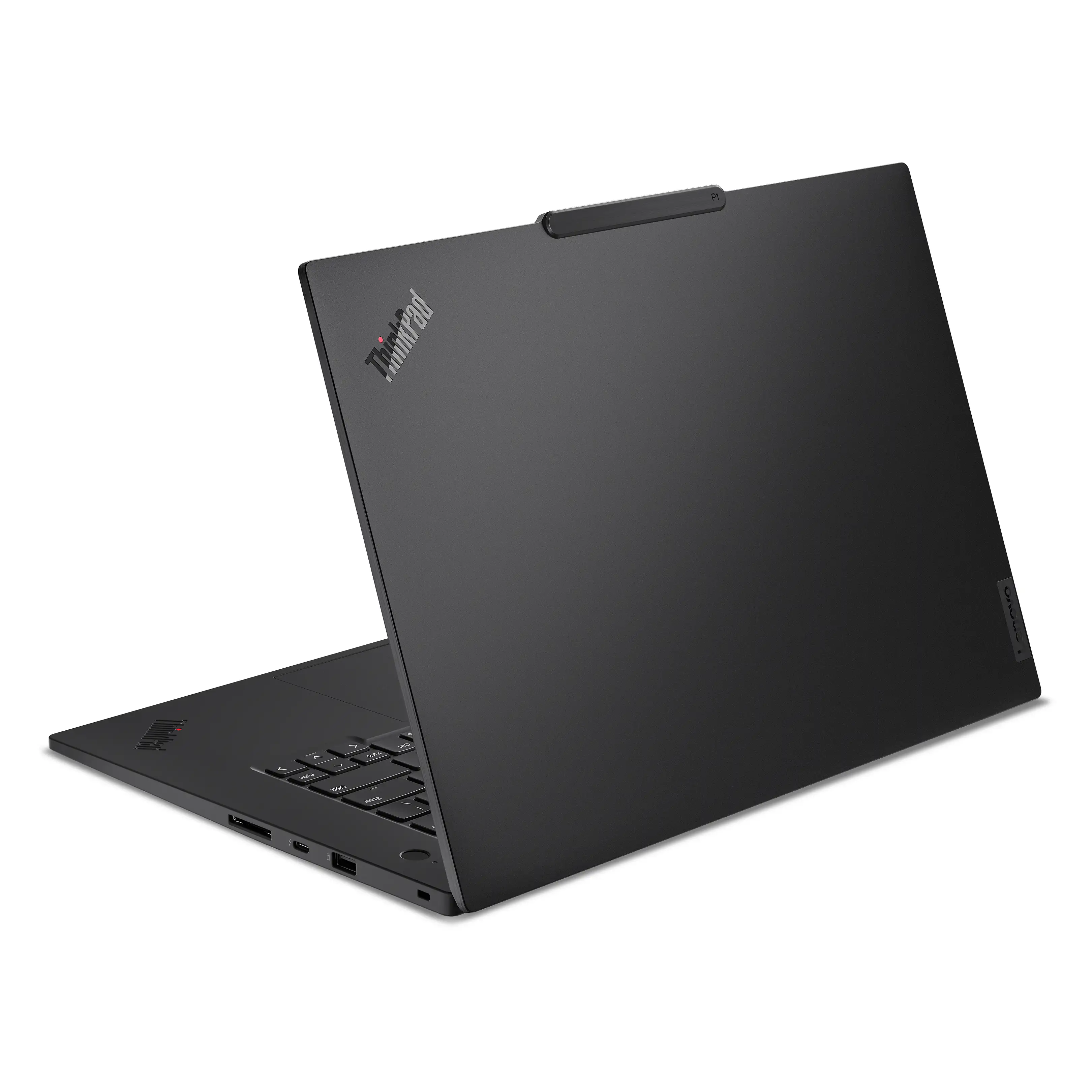 Laptop nero, parzialmente aperto, con logo ThinkPad sul coperchio.
