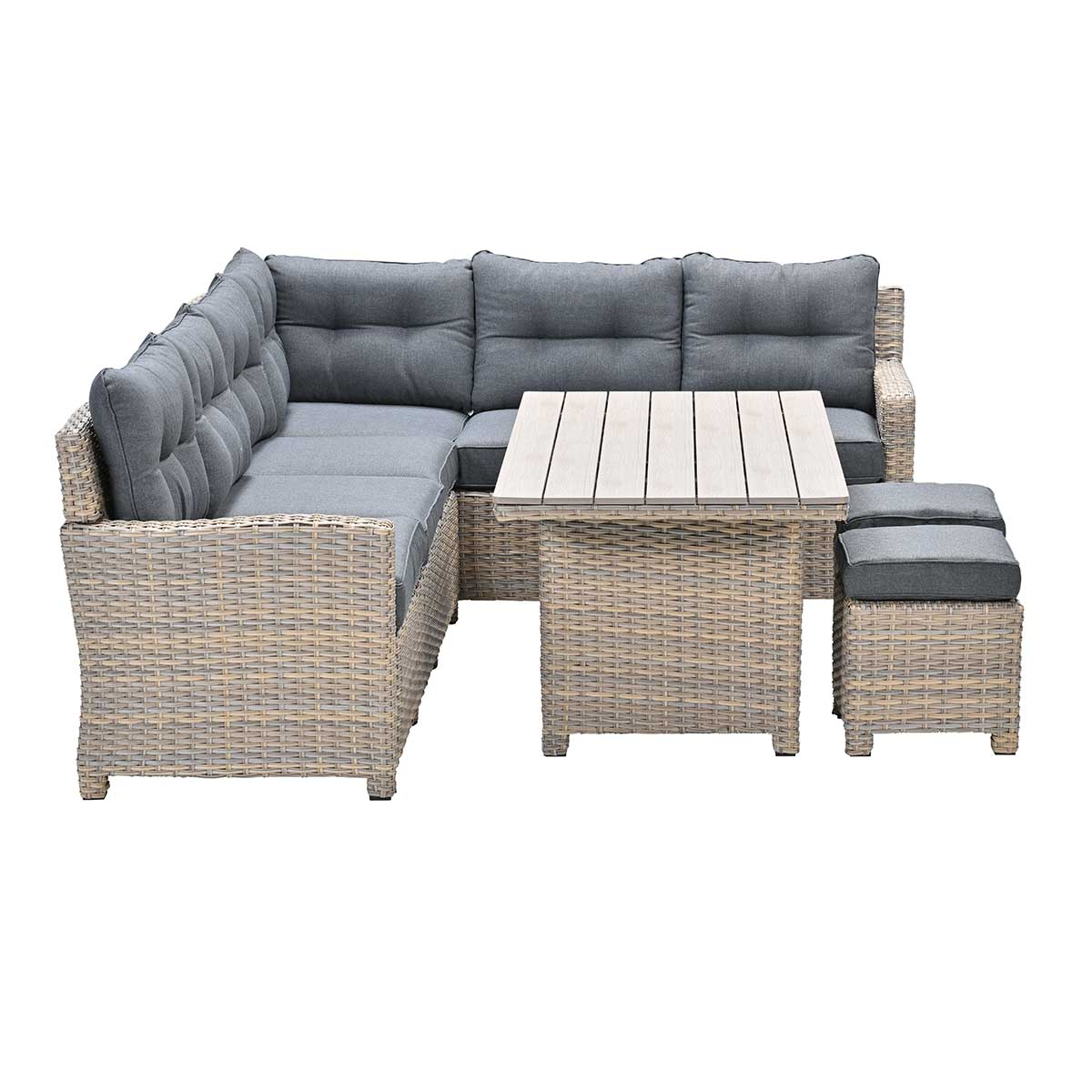 Wicker sectional sofa with grey cushions, a matching table and ottoman.