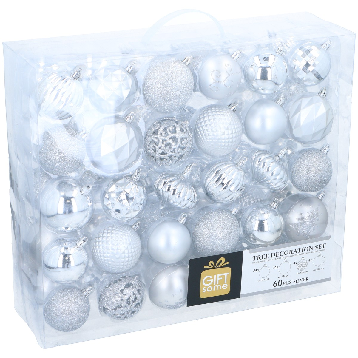 A set of silver Christmas baubles in various designs in a transparent box.