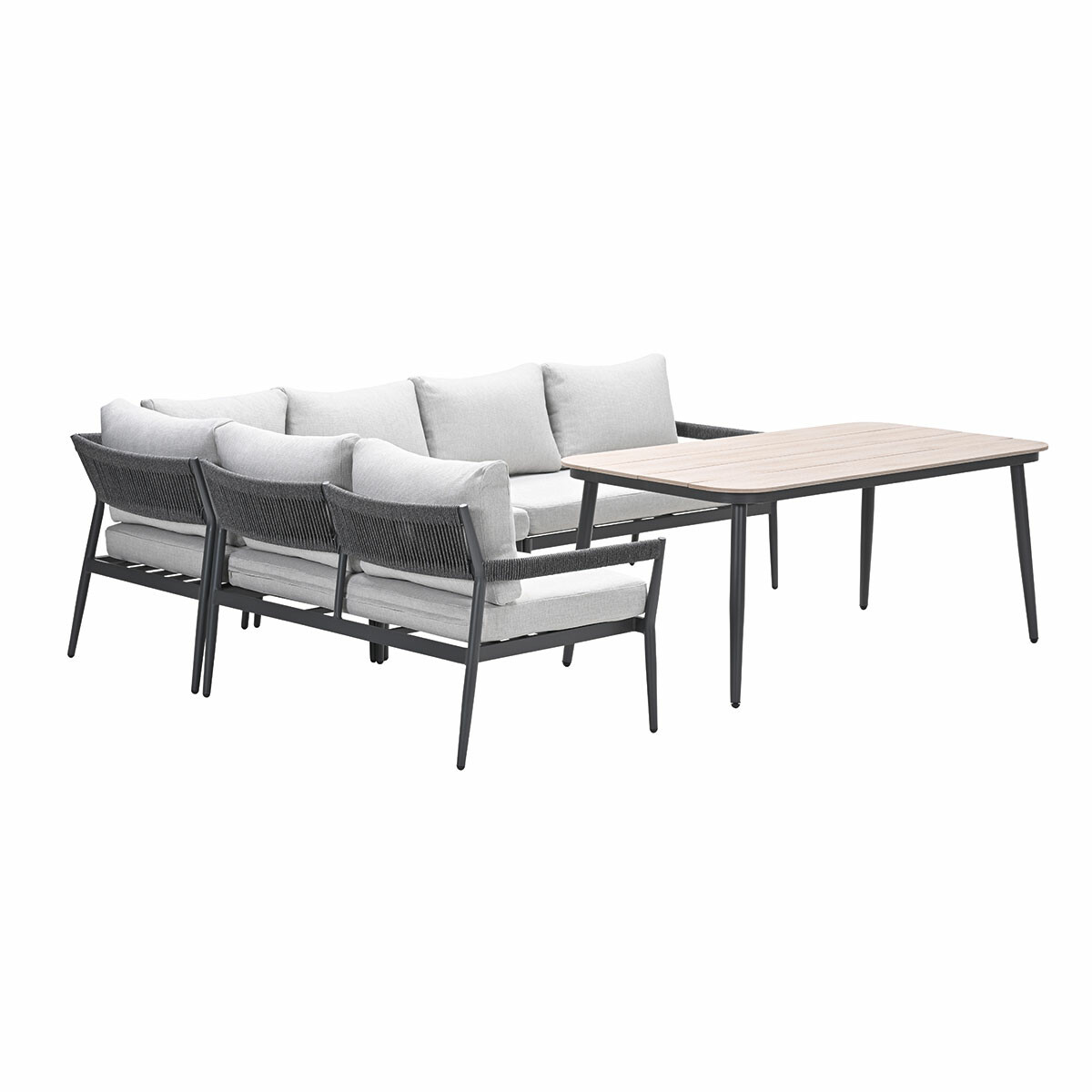 Gray outdoor sofa and table with wood top and dark metal frame.