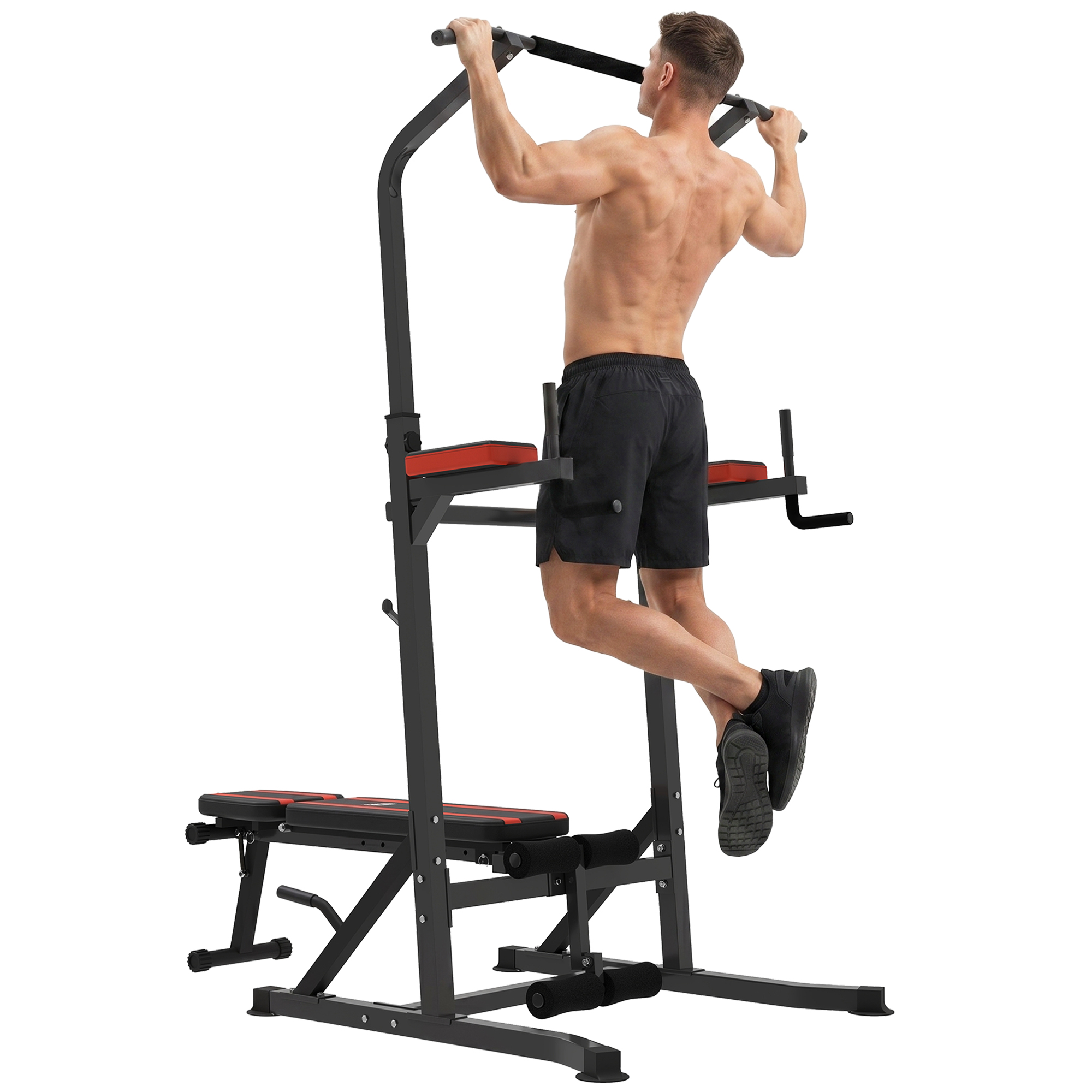 Un uomo fa trazioni su una stazione fitness nera e rossa.
