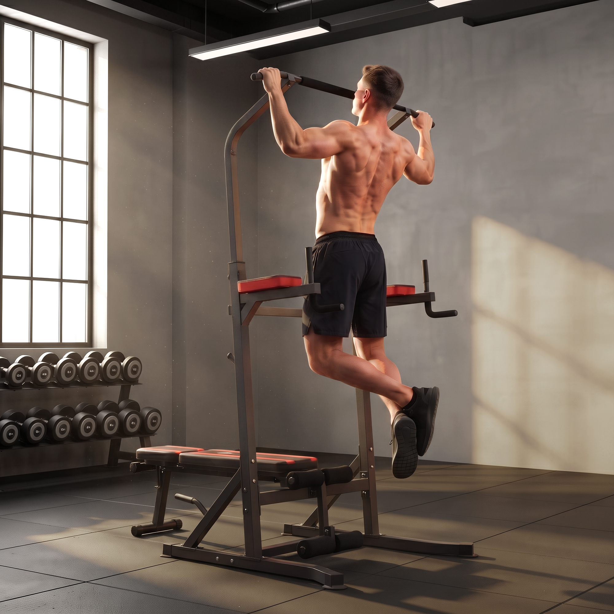 Uomo che fa trazioni su una stazione fitness in una palestra con manubri.