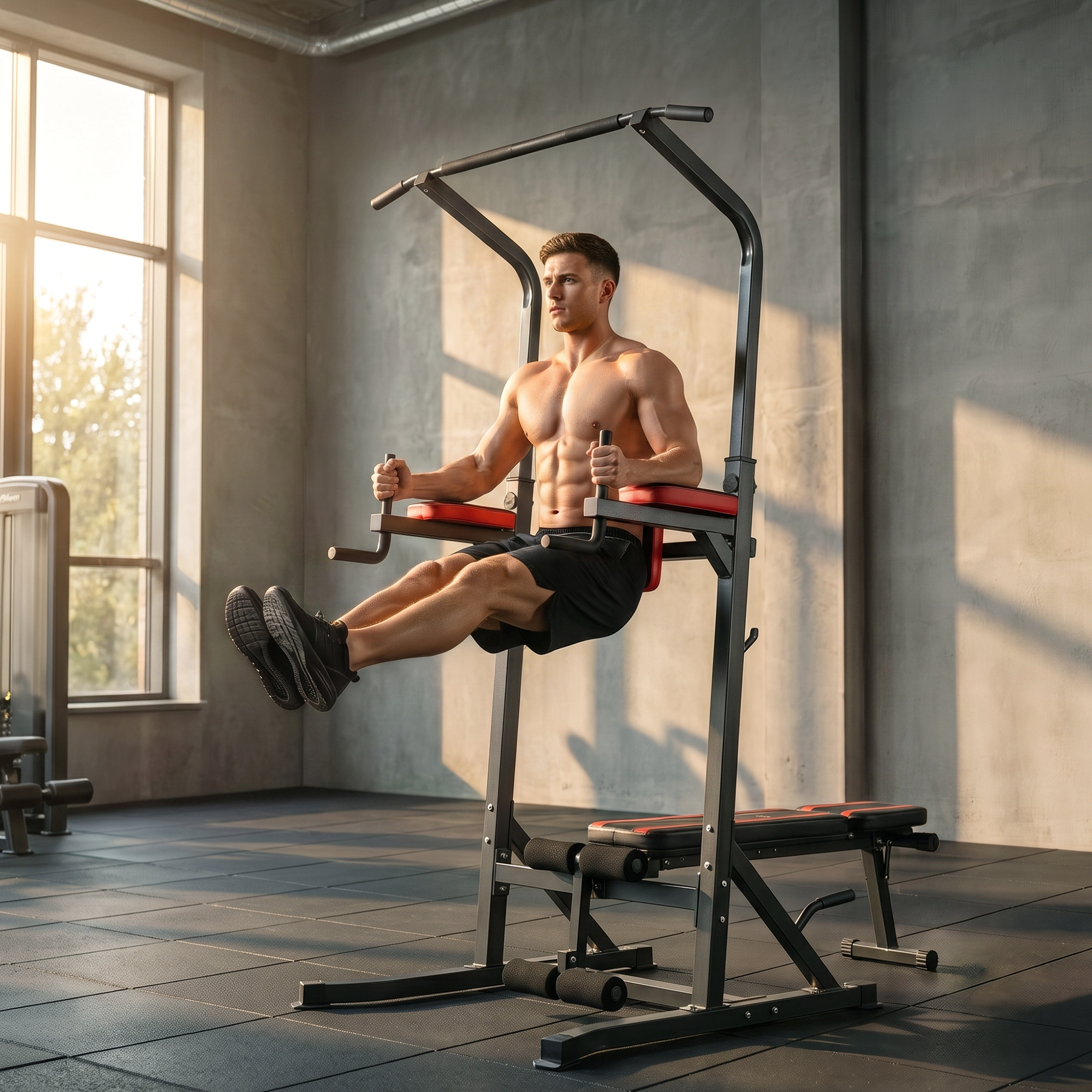 Un uomo si allena su una stazione per dip in palestra, con le gambe sollevate.