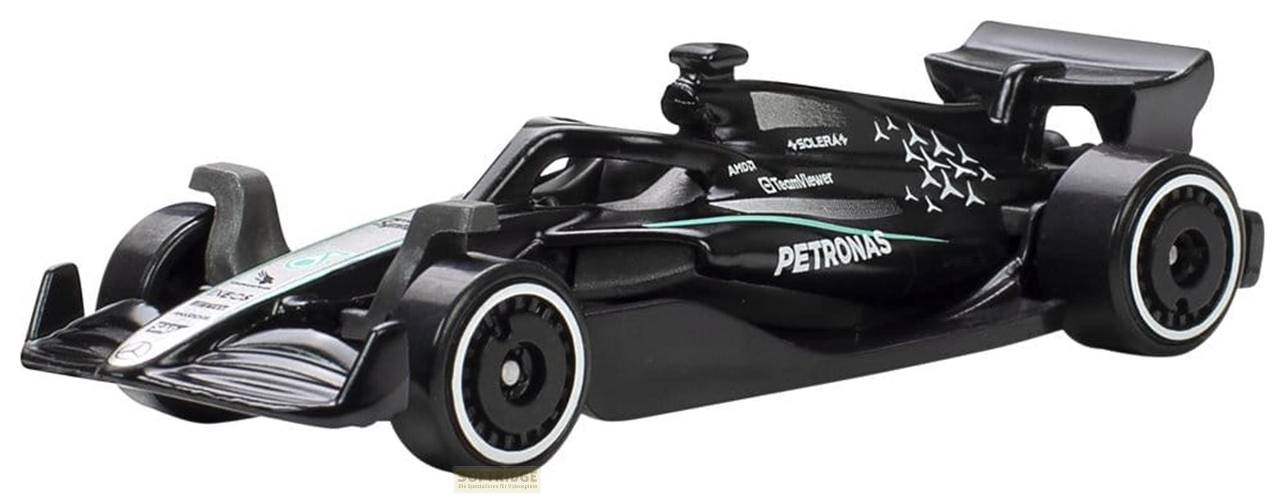 Macchina da corsa nera di Formula 1 con scritte bianche e verdi, su sfondo bianco.