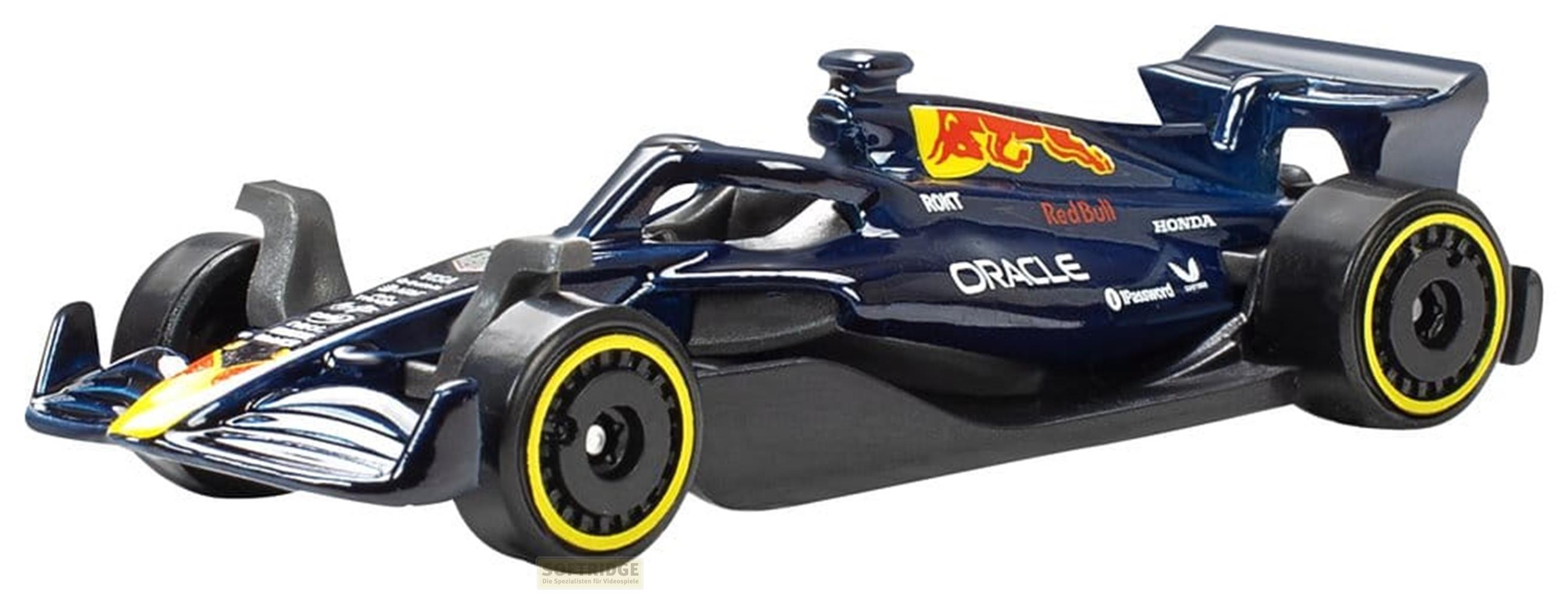 Un'auto giocattolo di Formula 1 blu scuro con accenti e loghi gialli.