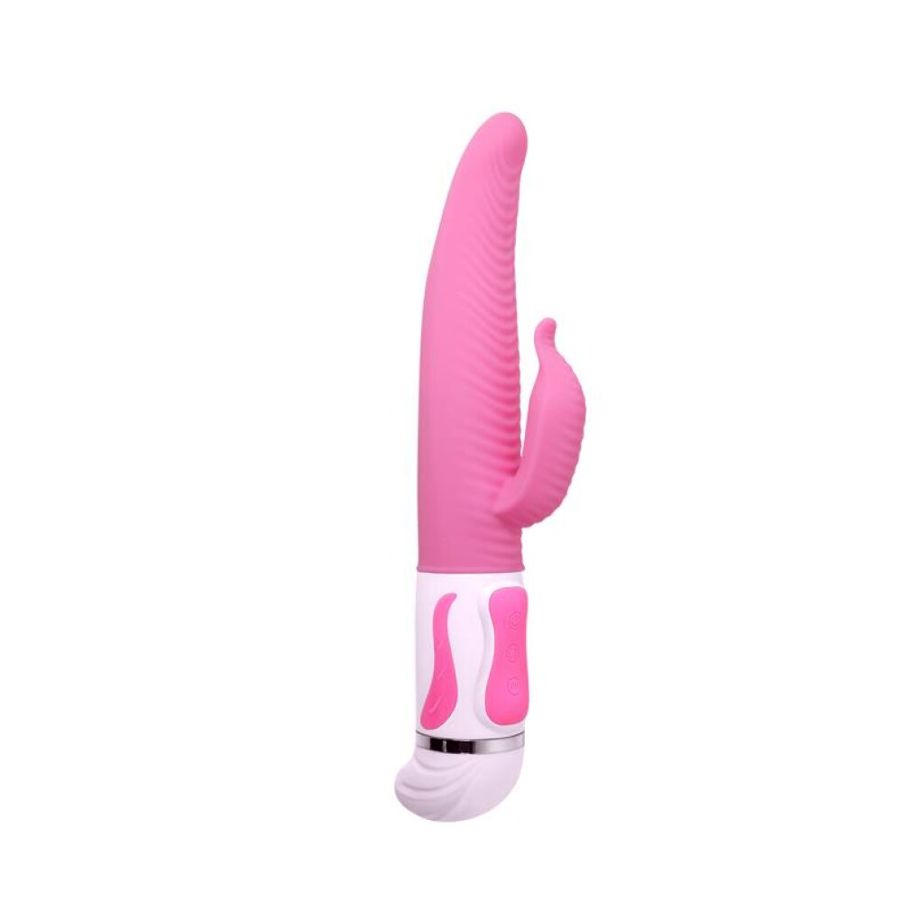 Ein rosa Vibrator mit Rillen und einem kleinen Flügel, vor weißem Hintergrund.
