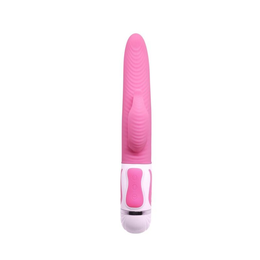 Ein rosafarbener Vibrator mit Rillen und einer Penisform.
