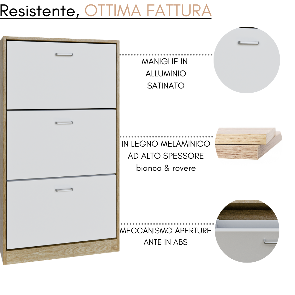 Una scarriera bianca con cornice in legno, con tre cassetti con maniglie argentate.