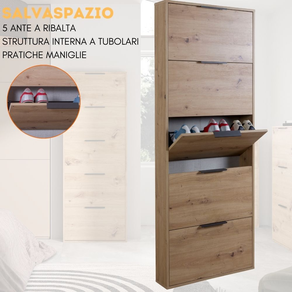Una stretta scarpiera in legno con 5 ante a ribalta, alcune aperte, con scarpe all'interno.