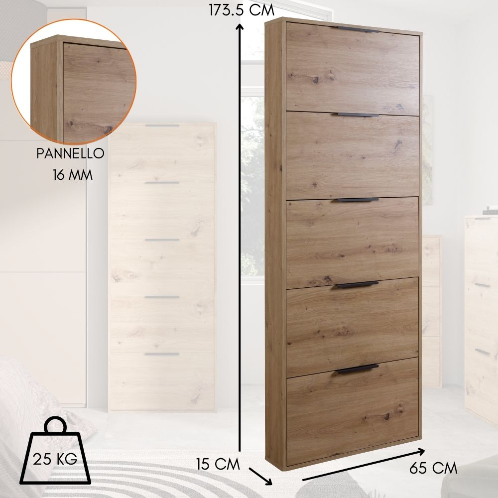 Mobiletto portascale alto e stretto in legno con cinque ante a ribalta e maniglie nere. H: 173.5cm.