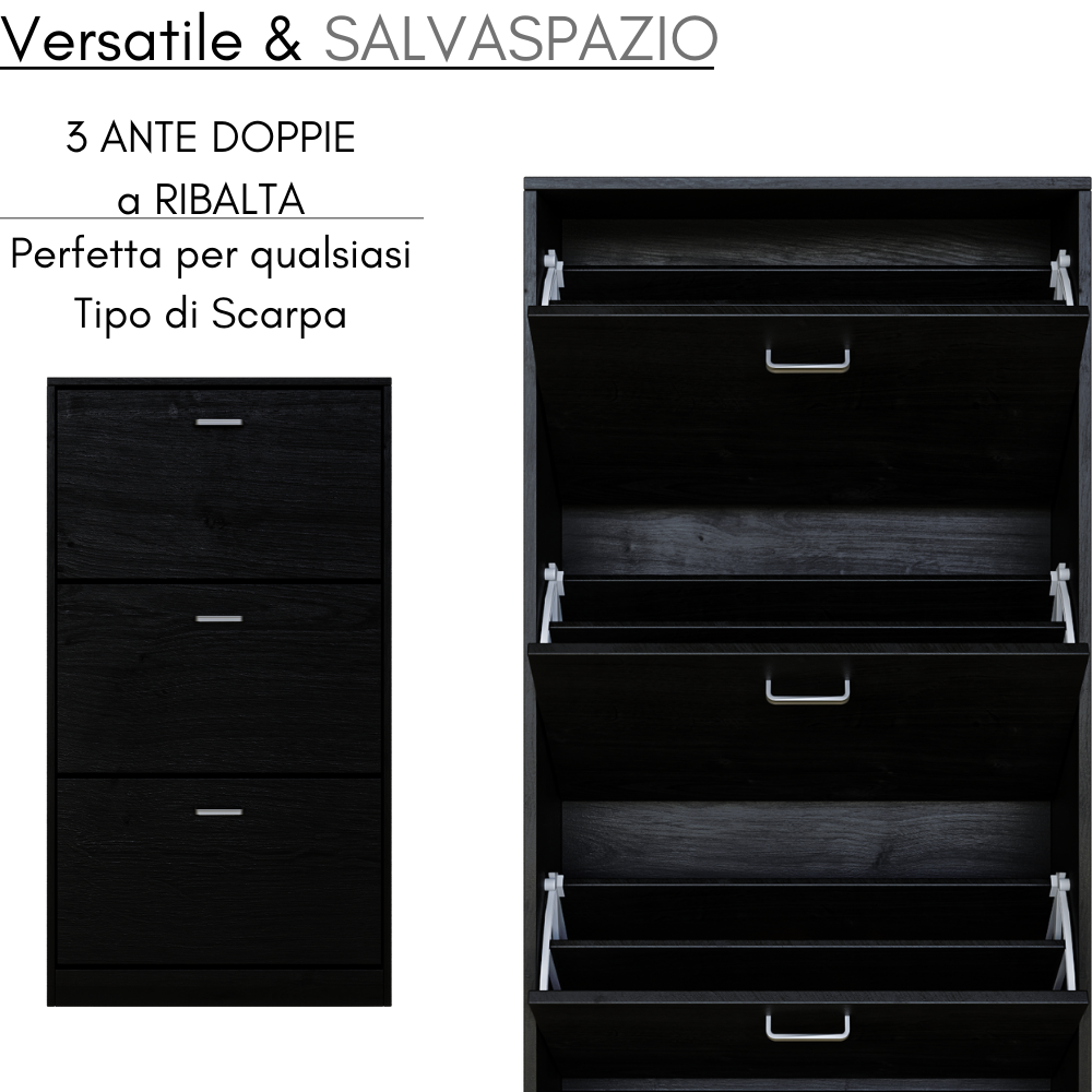 Scarpiera nera con tre ante a ribalta e maniglie argentate.