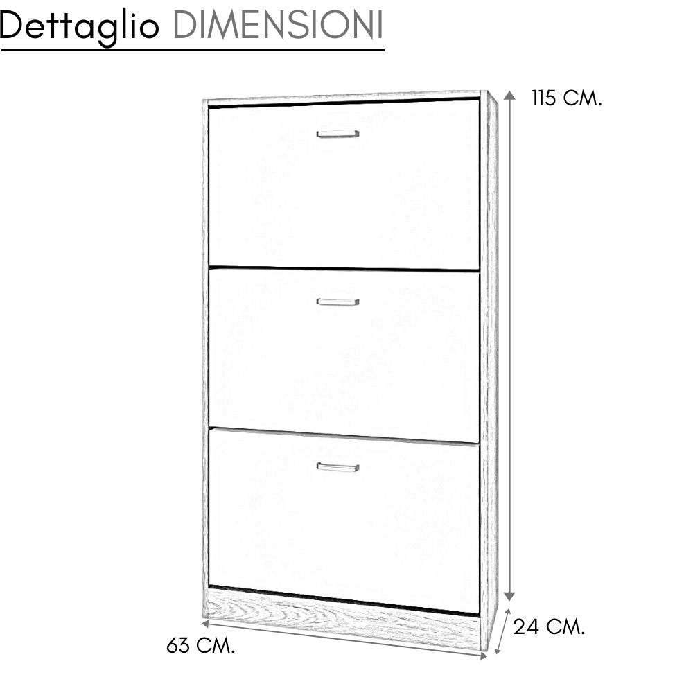 Mobiletto portascarpe con tre ante a ribalta, misure 115x63x24 cm.