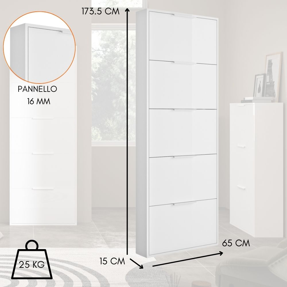 Mobiletto portascale bianco, stretto e alto, 5 ante a ribalta. 173,5 cm A, 65 cm L.