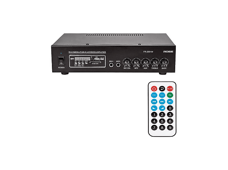 ROSE FR-2001W 80 Watt 2 Mikrofon Girişli MP3 + Bluetooth + SD Kart + Kumandalı Trafolu Amfi Siyah