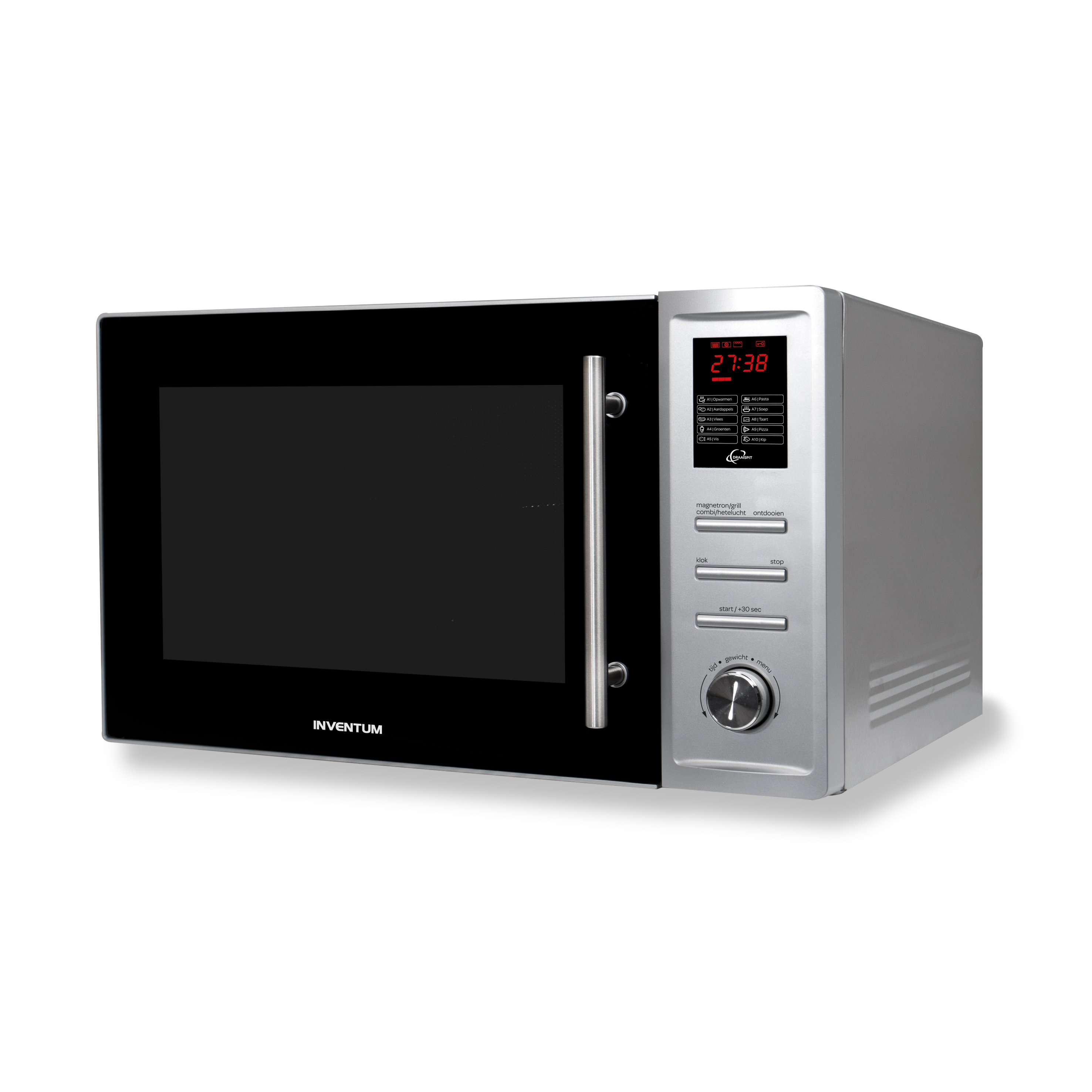 Microonde argento con porta nera e display digitale. Su sfondo bianco.