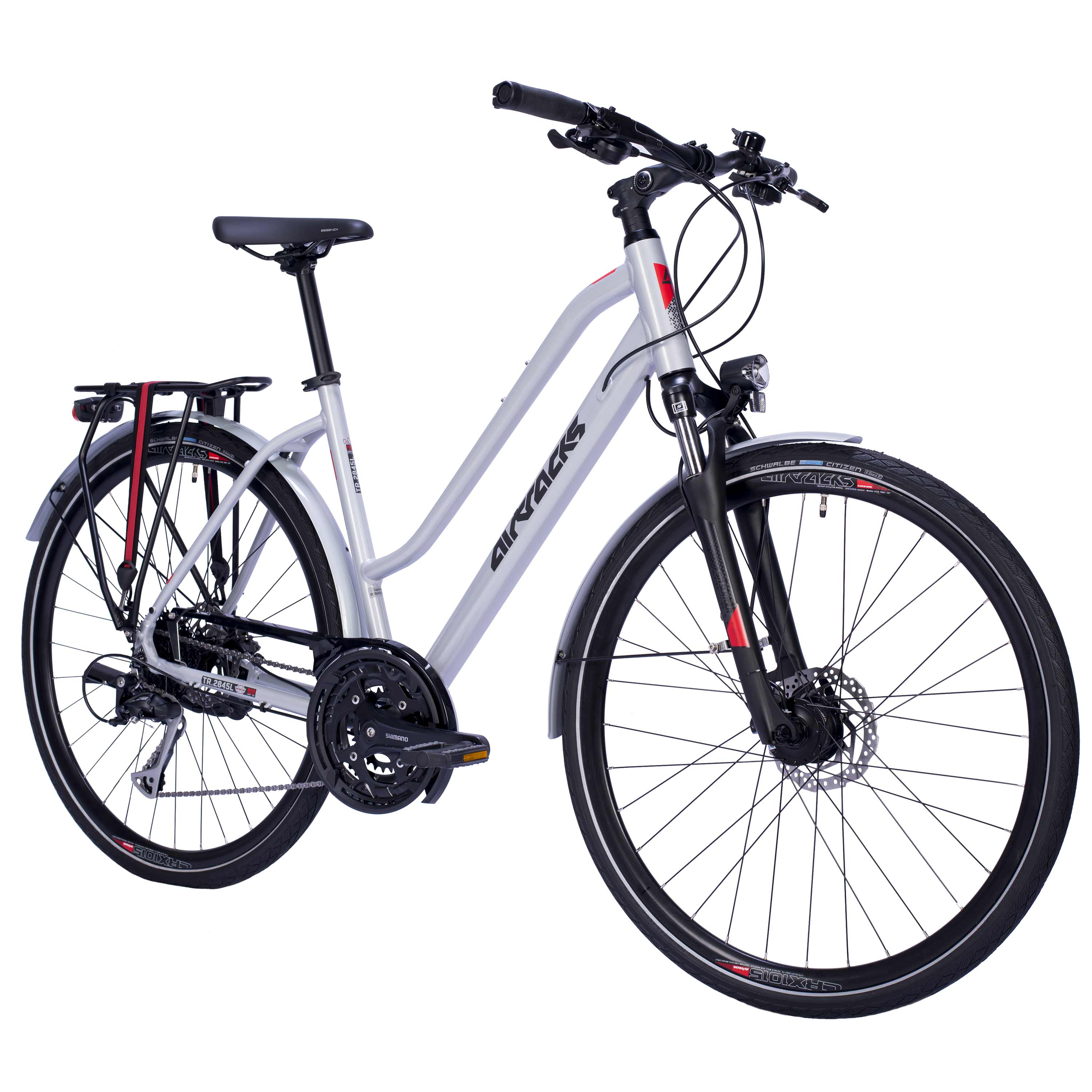 Ein silbernes Fahrrad mit Gepäckträger und schwarzen Reifen.